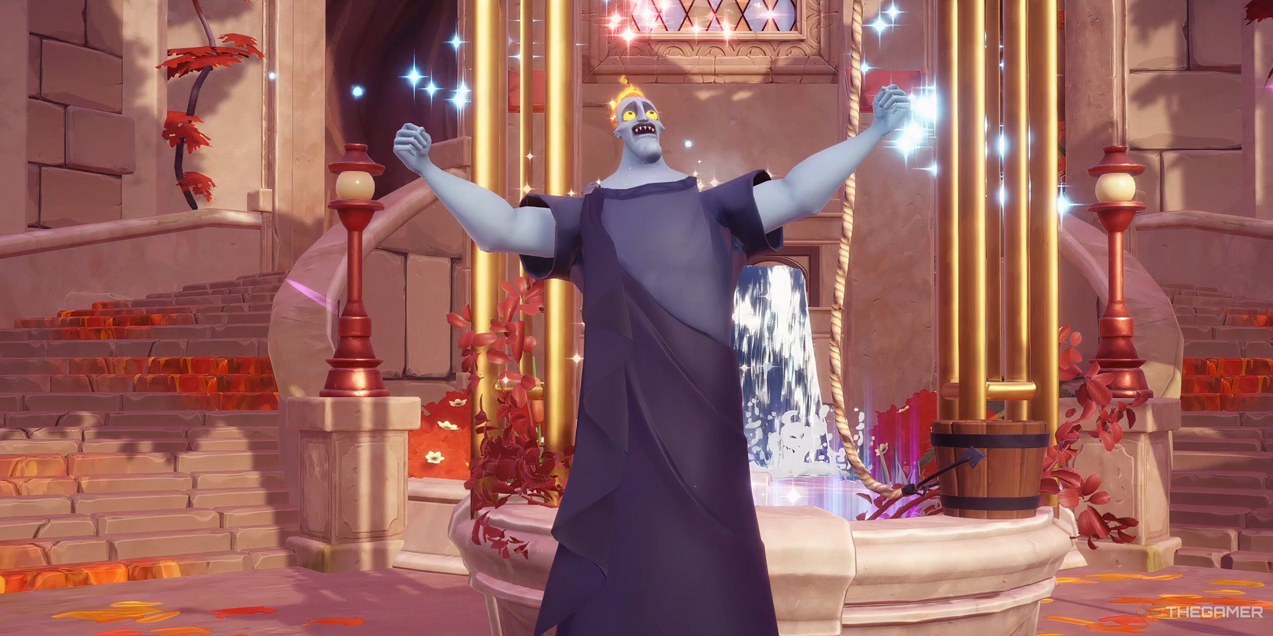 Hades celebrating in front of the Storybook Vale well.