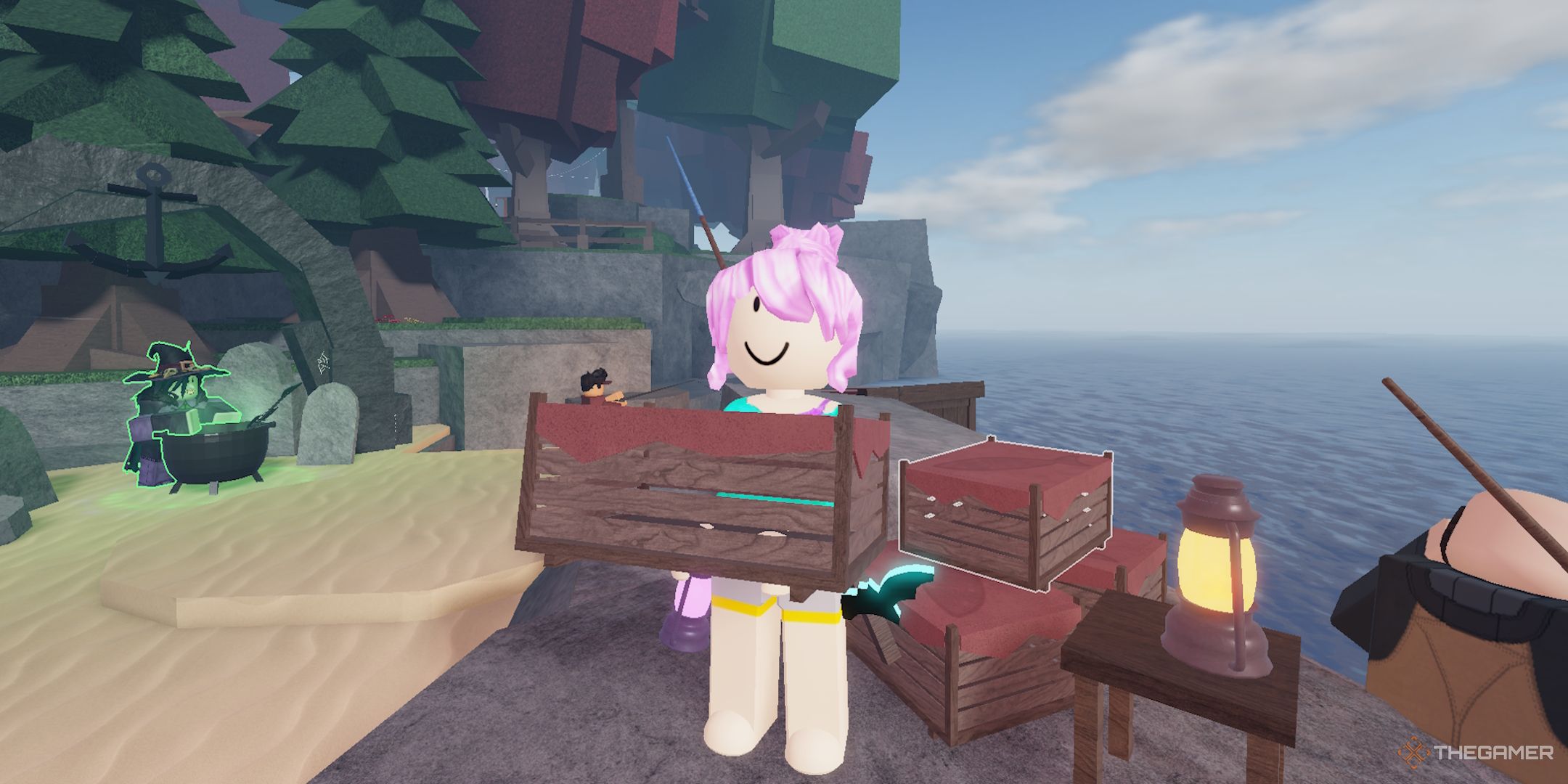 A pink-haired avatar holding a Bait Crate that was purchased on Moosewood in Fisch on Roblox.