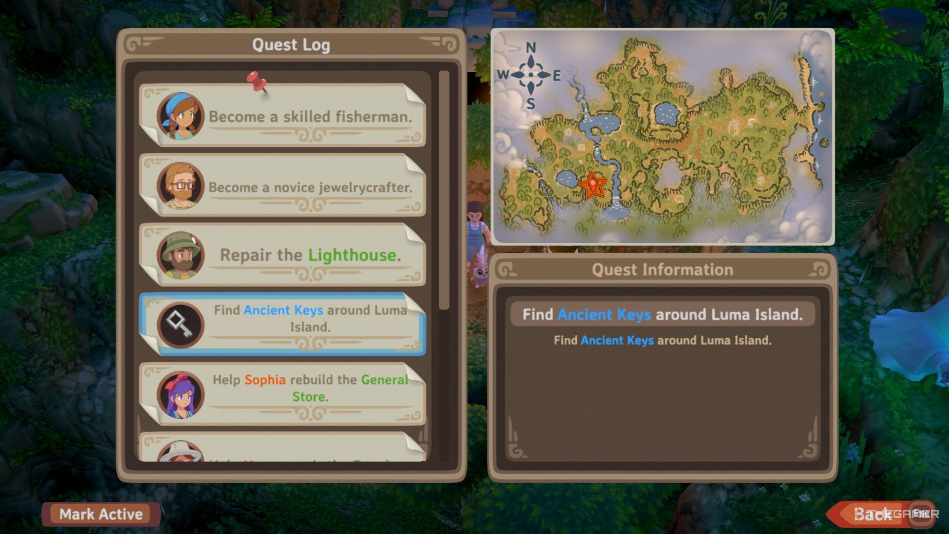 Menu view with quests on the left and a map on the right with an orange star edited onto a location in the Forest in Luma Island.