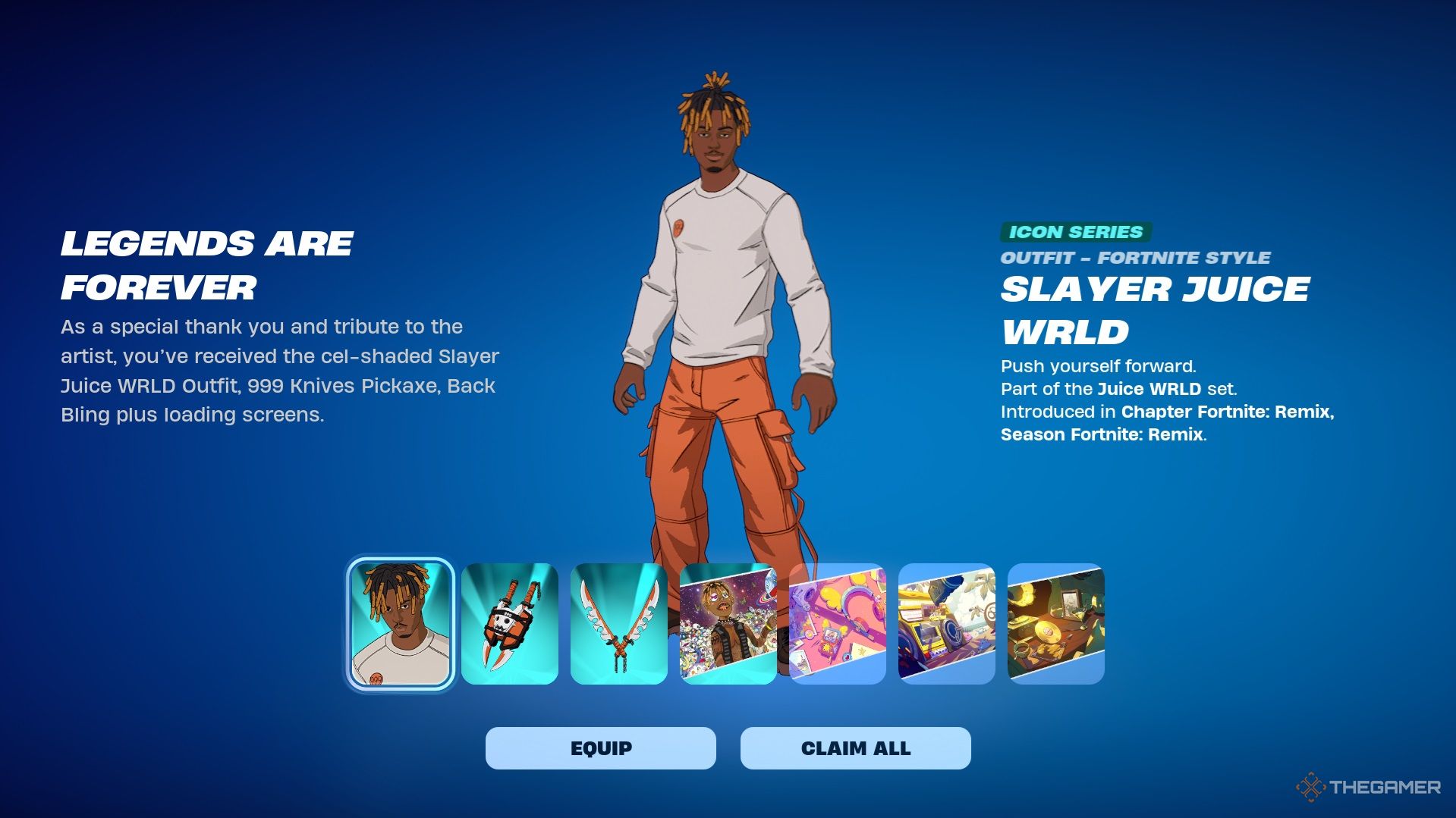 A screenshot of obtaining the Juice WRLD skin in Fortnite.