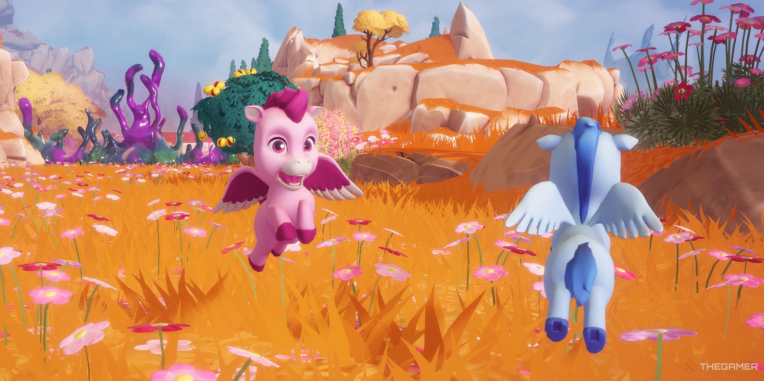 A Pink and Blue Pegasus frolicking in golden fields.