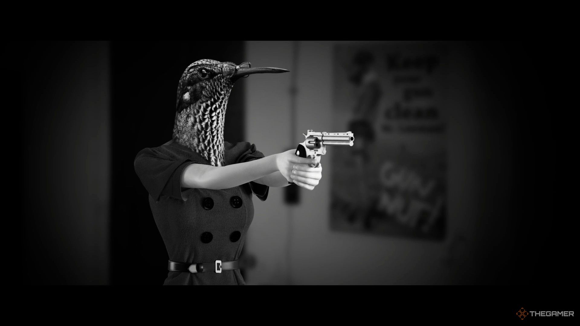 Monica uses a gun at the shooting range in Chicken Police: Into The Hive!