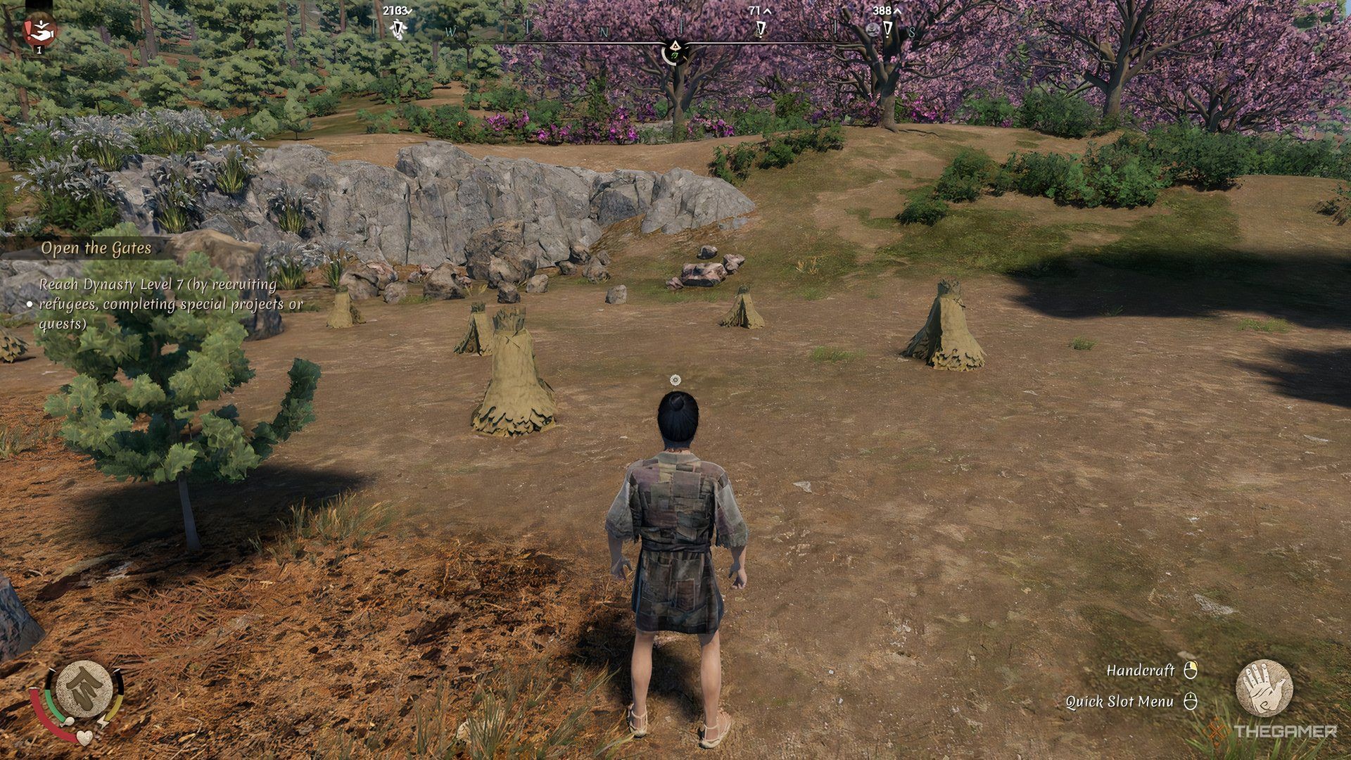 The image shows the player standing in front of several haystacks in Sengoku Dynasty.