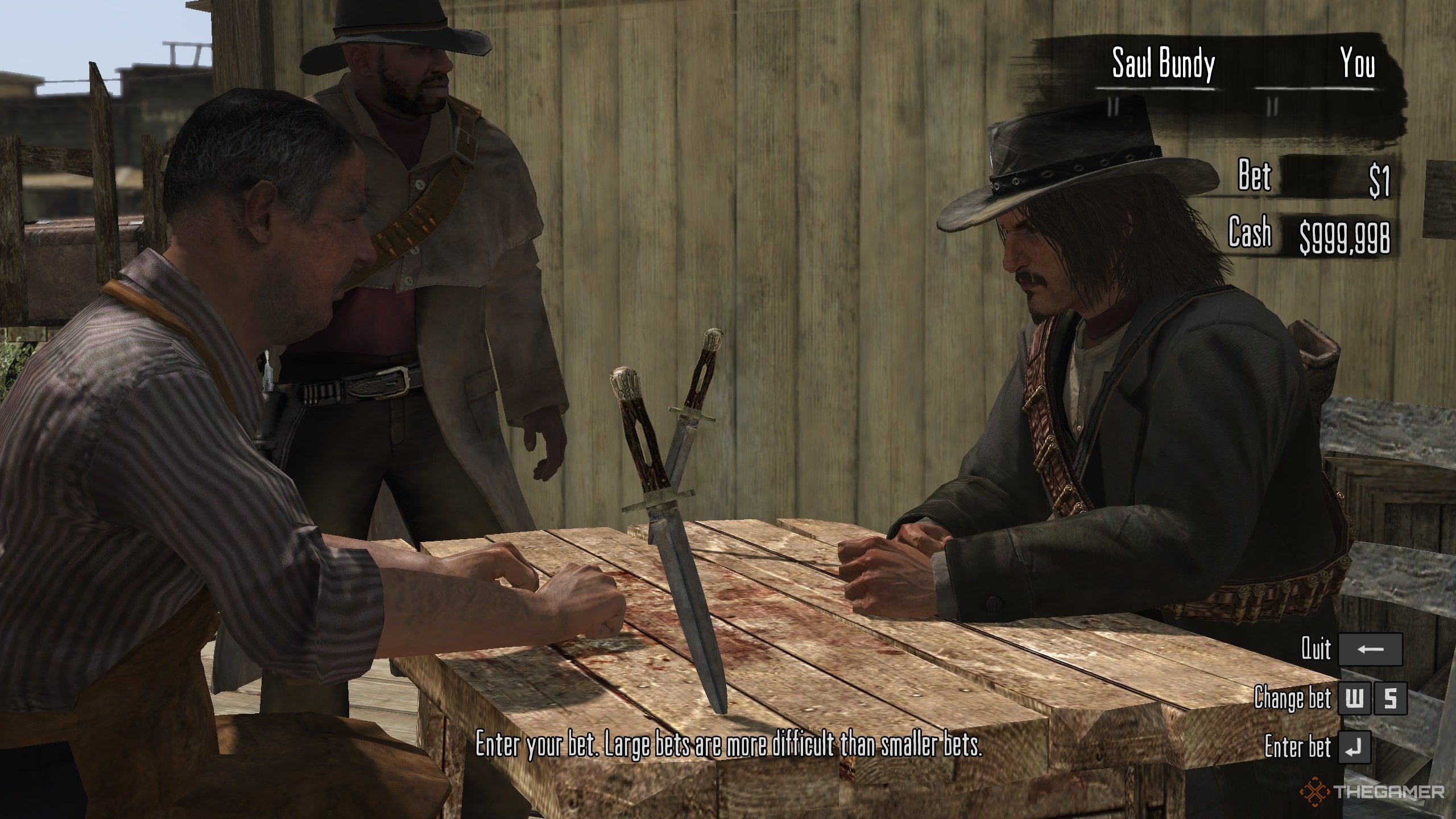 Jack Marston sitting to play Five Finger Fillet with a stranger in Red Dead Redemption.