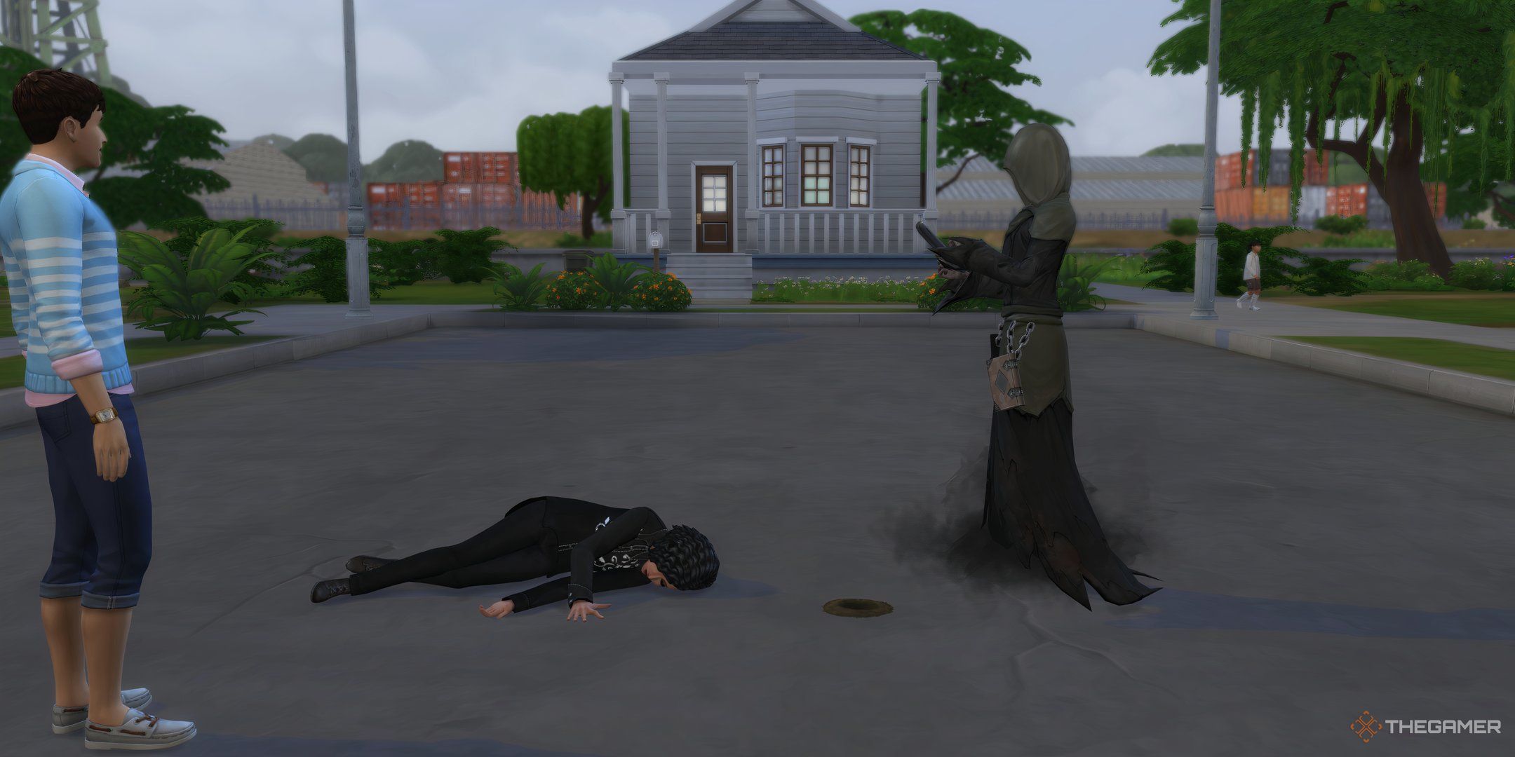 The Sims 4 grim coming for a dead sim on the pavement in willow creek.