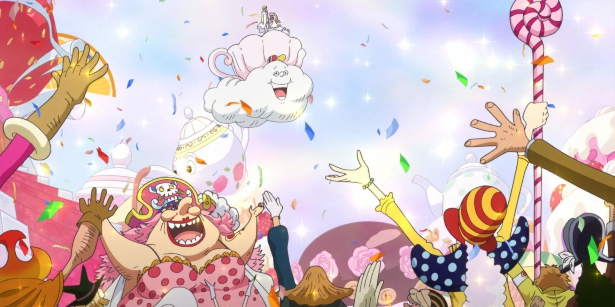 The Big Mom Pirates celebrate the arranged marriage between Sanji and Pudding.