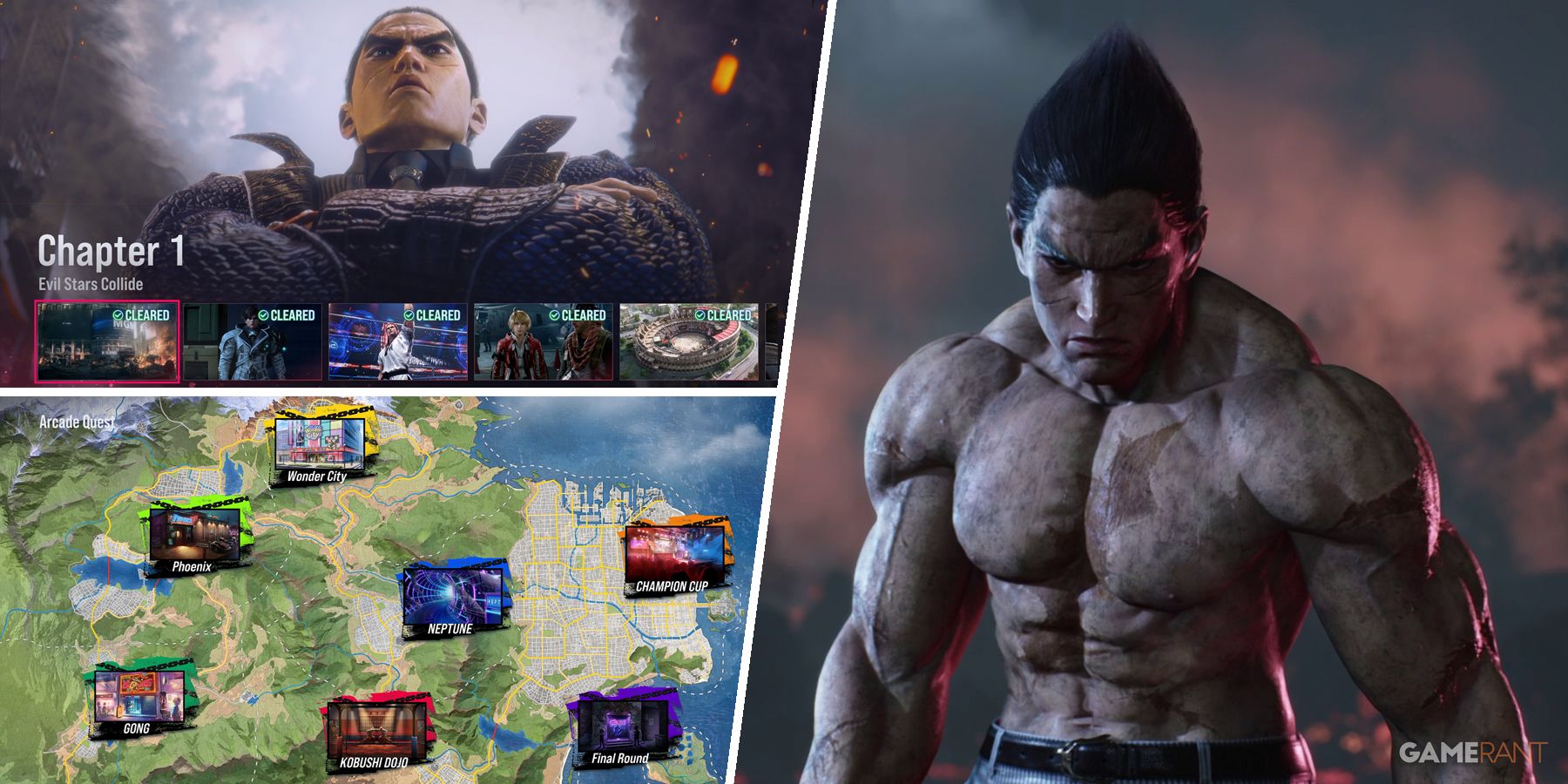 Images from Tekken 8's story mode and Arcade Quest