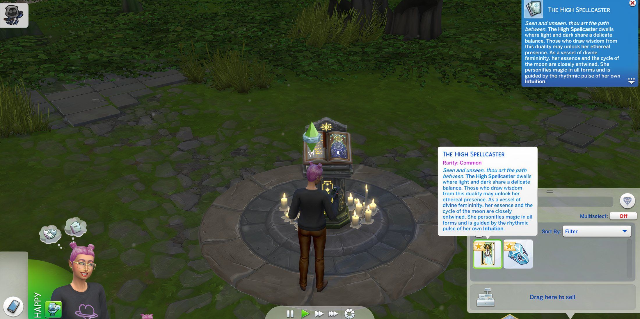 a pink haired sim stands at a podium looking at a tarot card