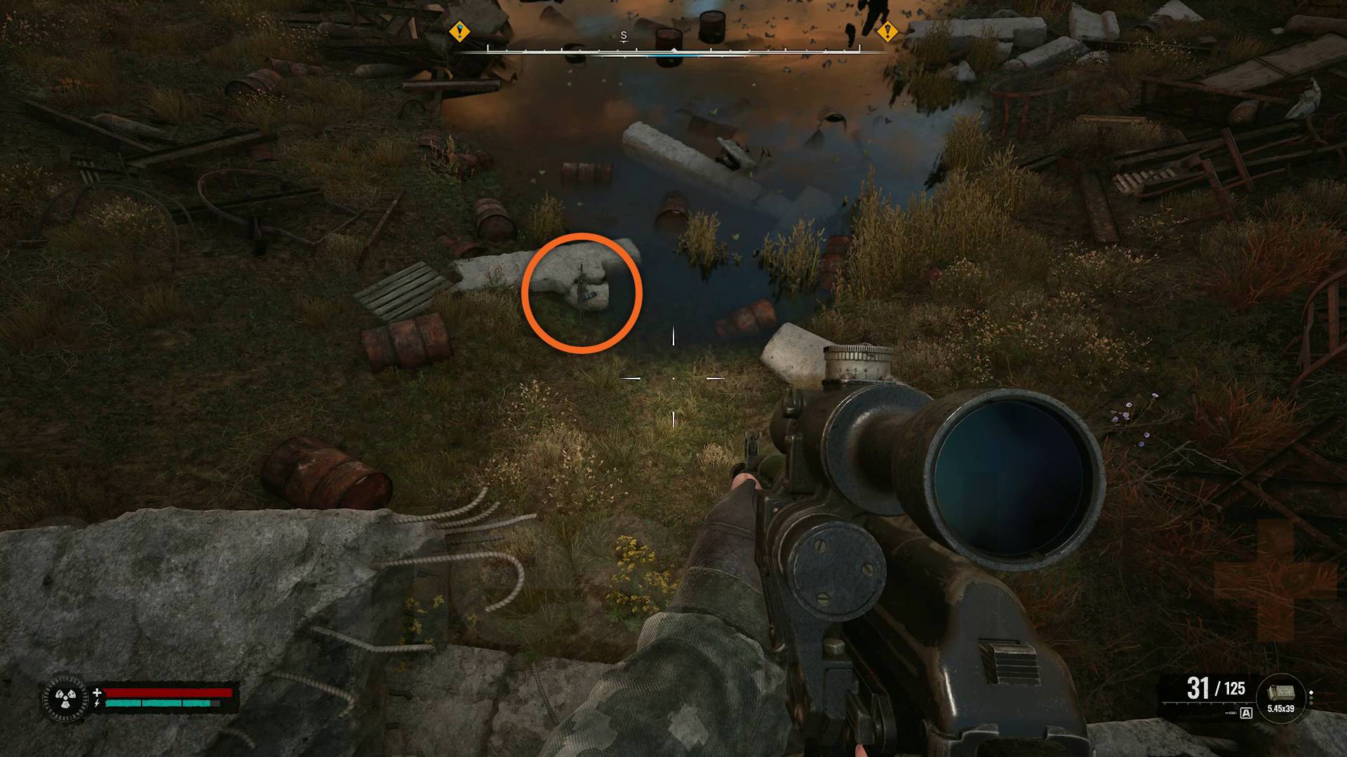 Stalker 2 Heart of Chornobyl Drowned gun in trench pond highlighted with circle