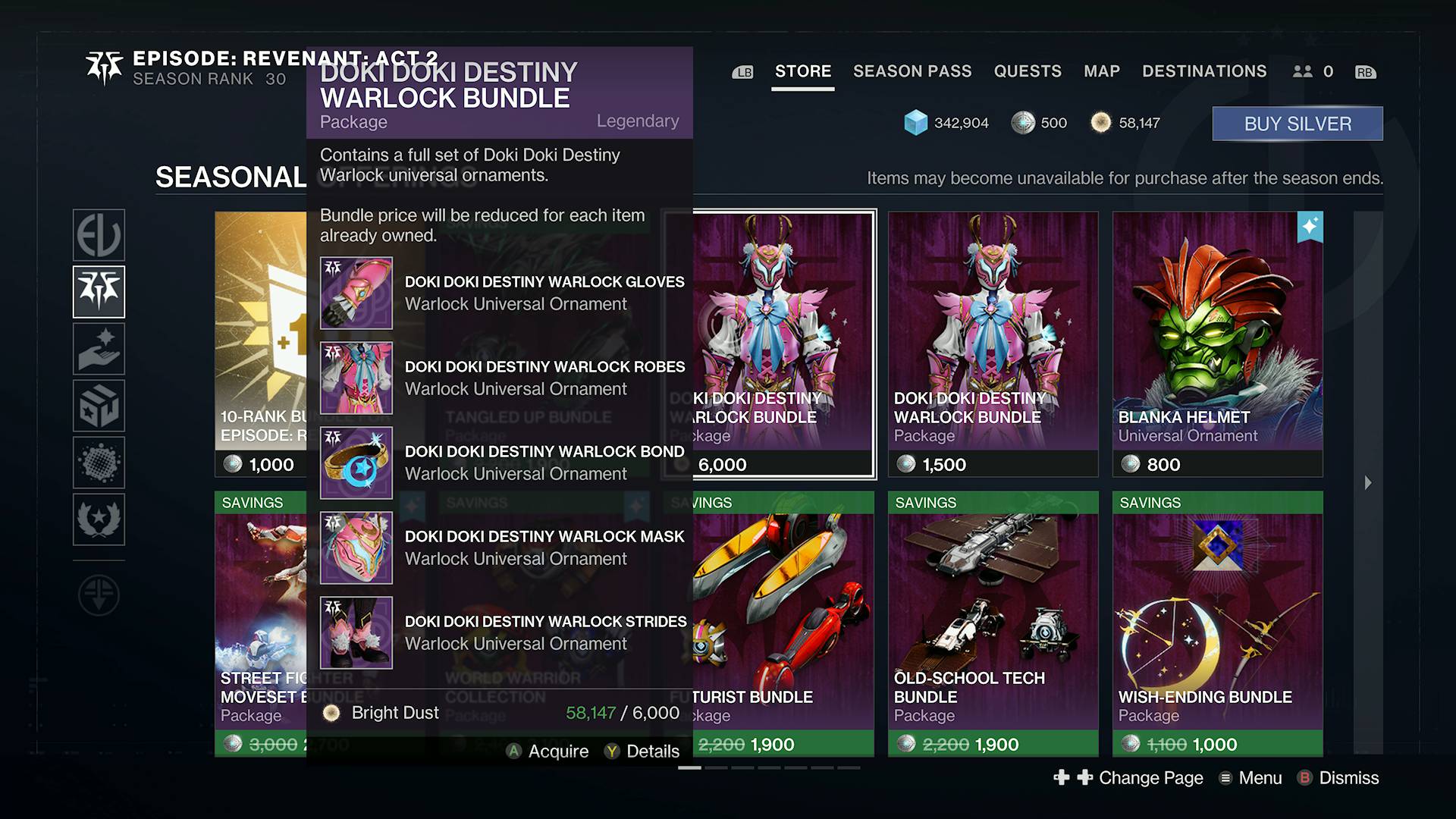 Destiny 2 Doki Doki Destiny armor ornament bundles in Eververse store for Bright Dust and Silver