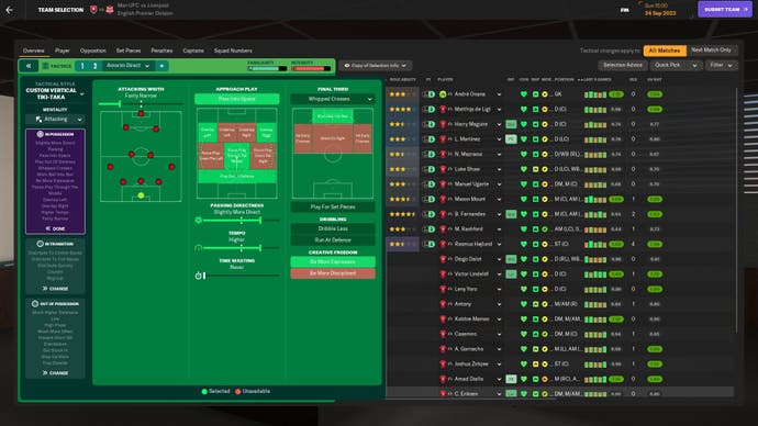 FM24 screenshot showing the tactical setup screen for in-possession