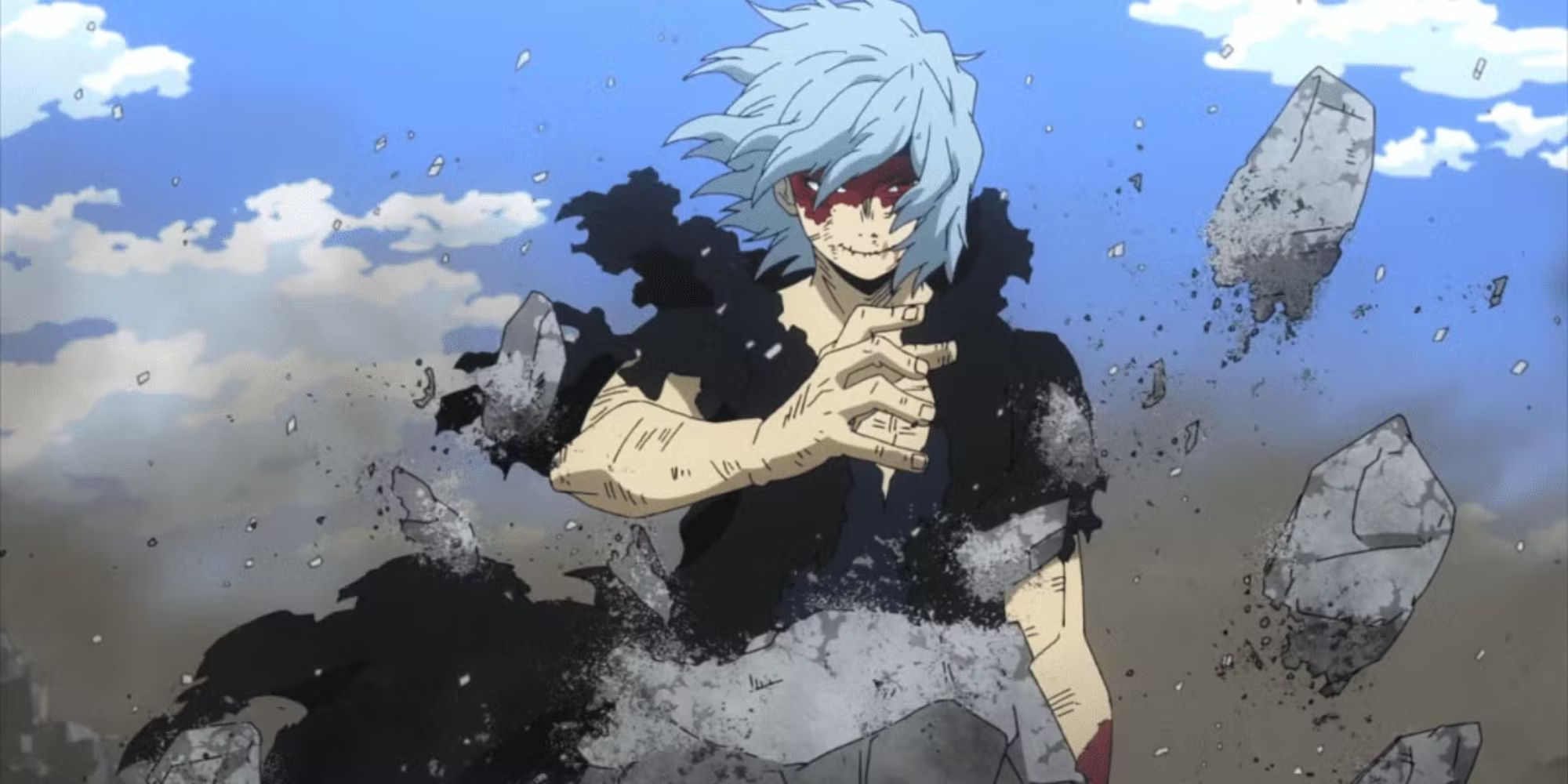 Shigaraki uses his quirk decay in My Hero Academia.