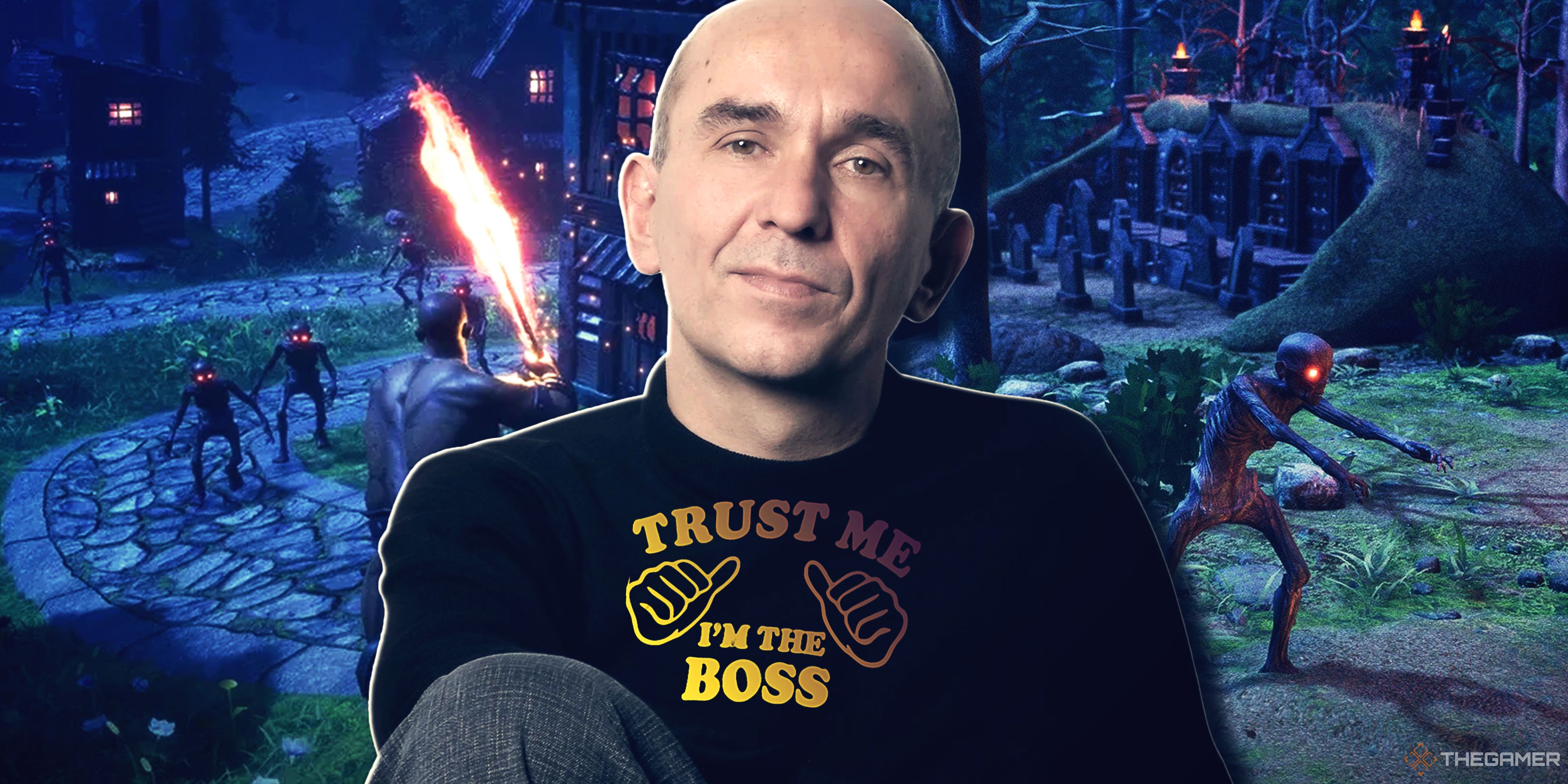 Peter Molyneux in front of a screenshot from Masters of Albion