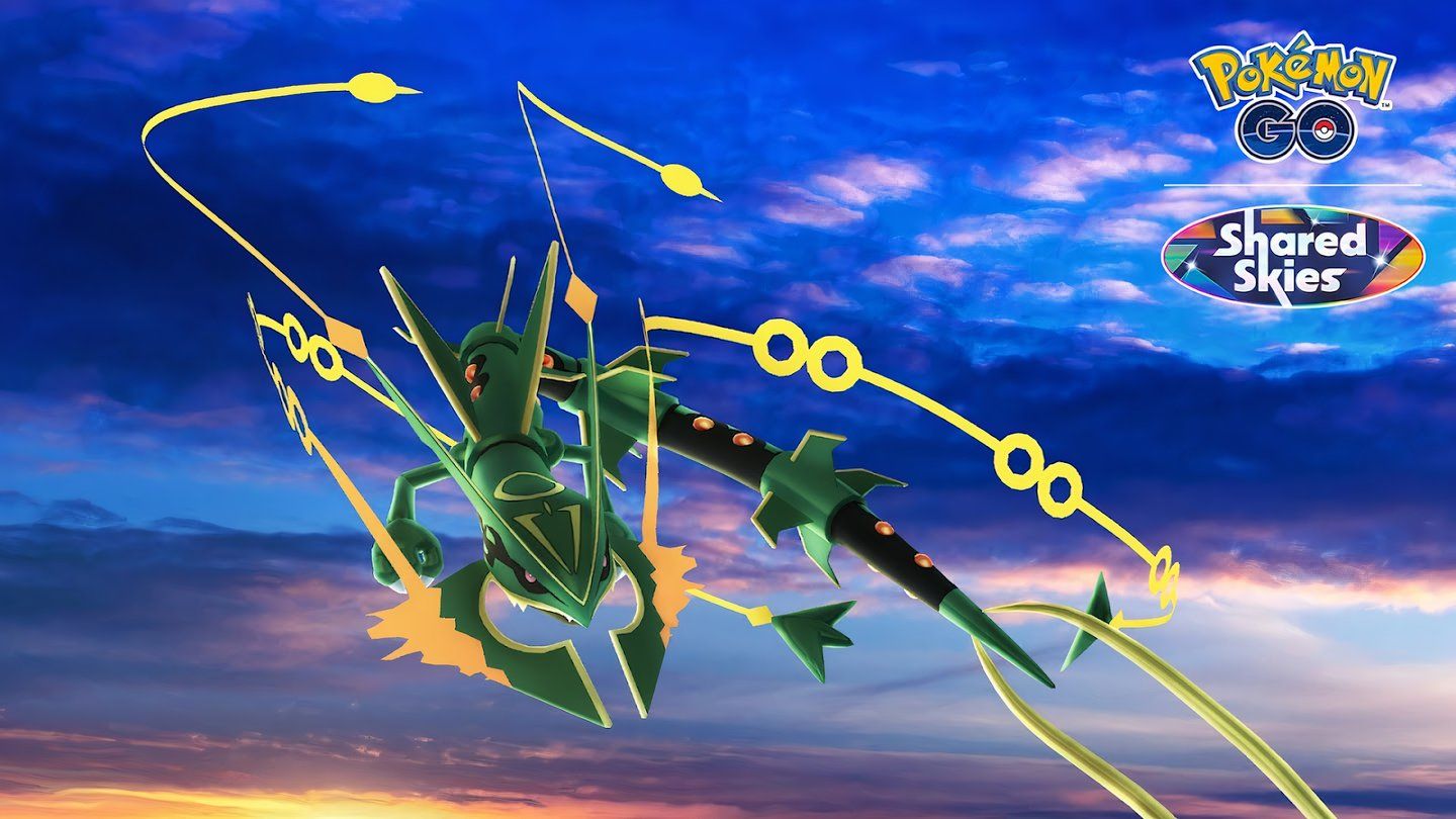 Image of Mega Rayquaza flying in the sky at sunset