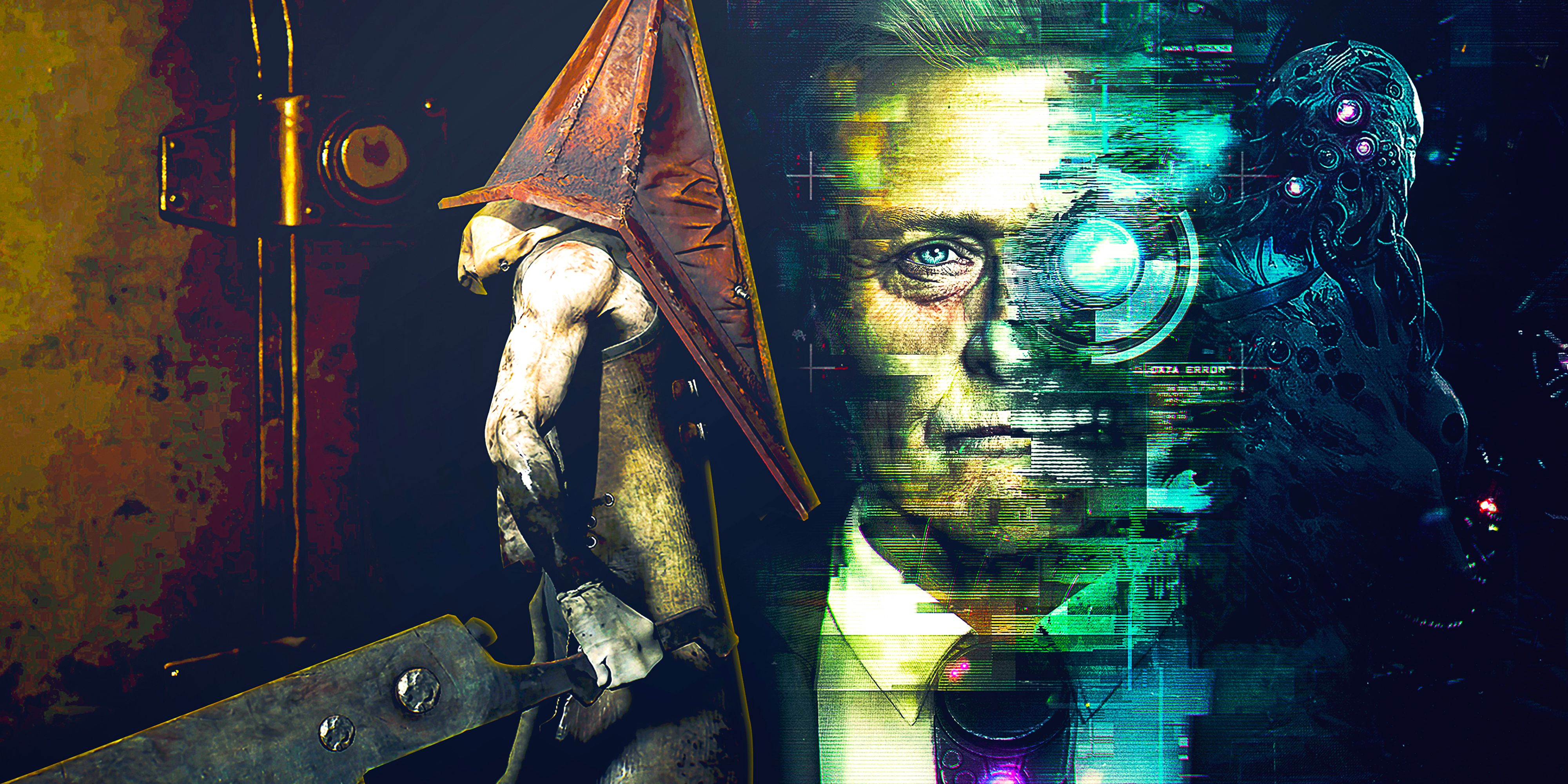 Split image with Pyramid Head on the left and Observer key art on the right