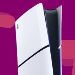 Image of the PS5 Slim Digital Edition on a GamesRadar+ patterned background.