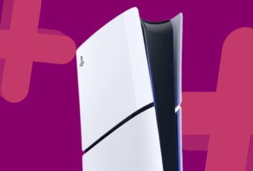 Image of the PS5 Slim Digital Edition on a GamesRadar+ patterned background.