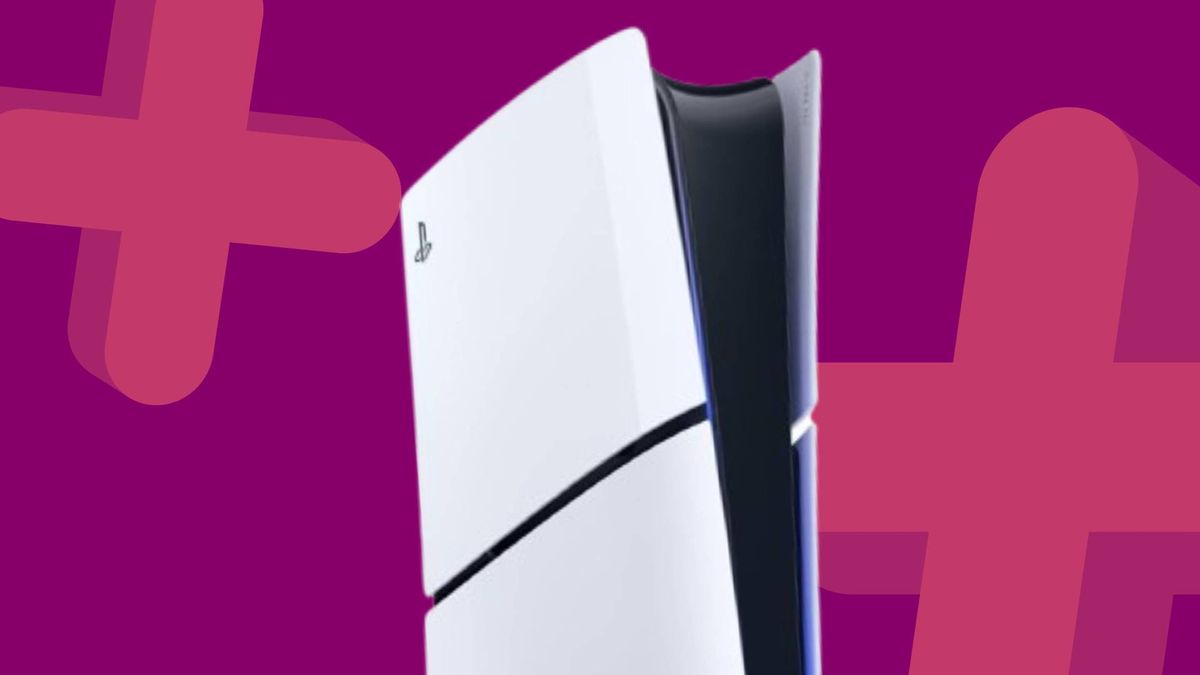 Image of the PS5 Slim Digital Edition on a GamesRadar+ patterned background.