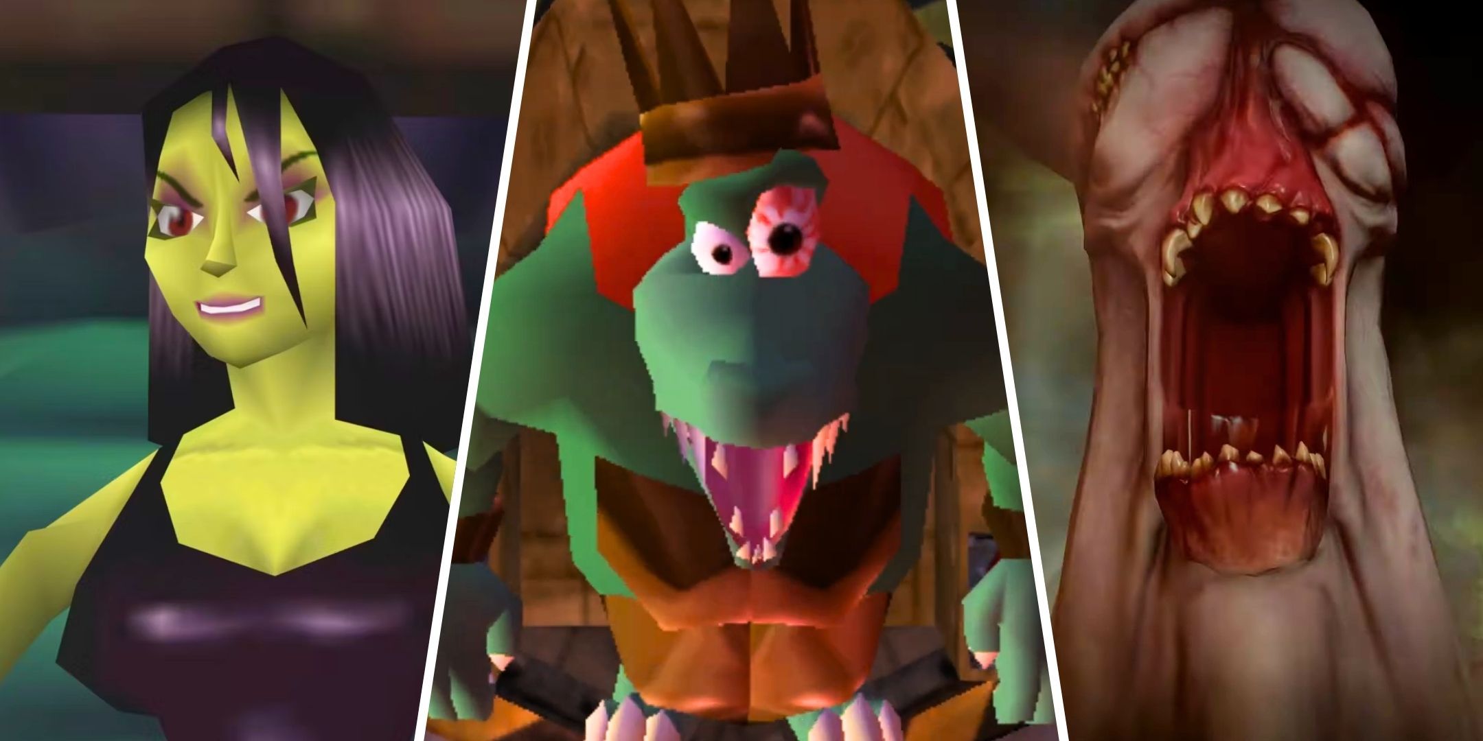 A split image of beautiful Gruntilda from Banjo-Kazooie, King K. Rool from Donkey Kong 64, and the Envy Demon from Dragon Age: Inquisition.