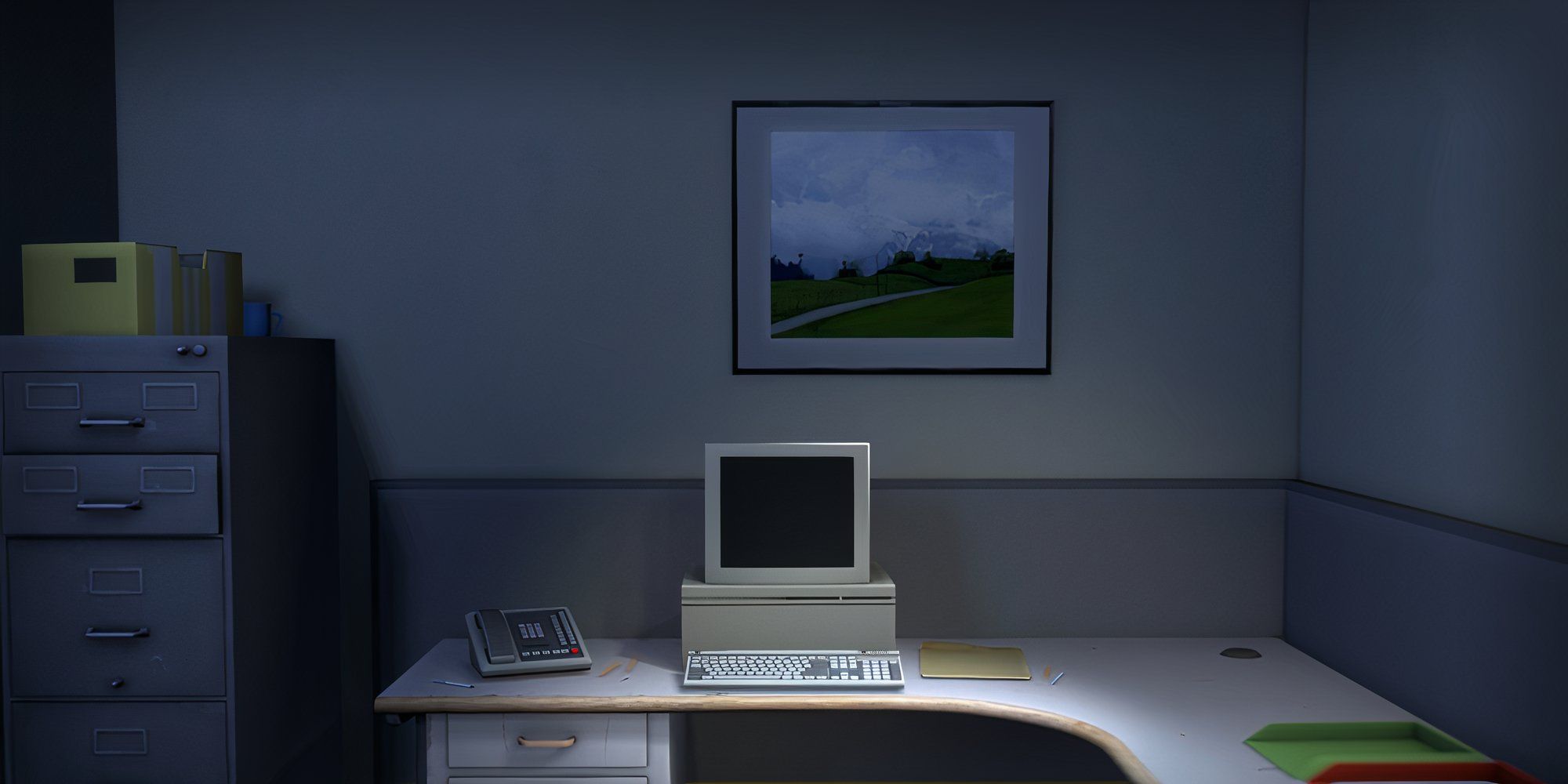 Screenshot from The Stanley Parable, featuring a simple office desk with a computer monitor