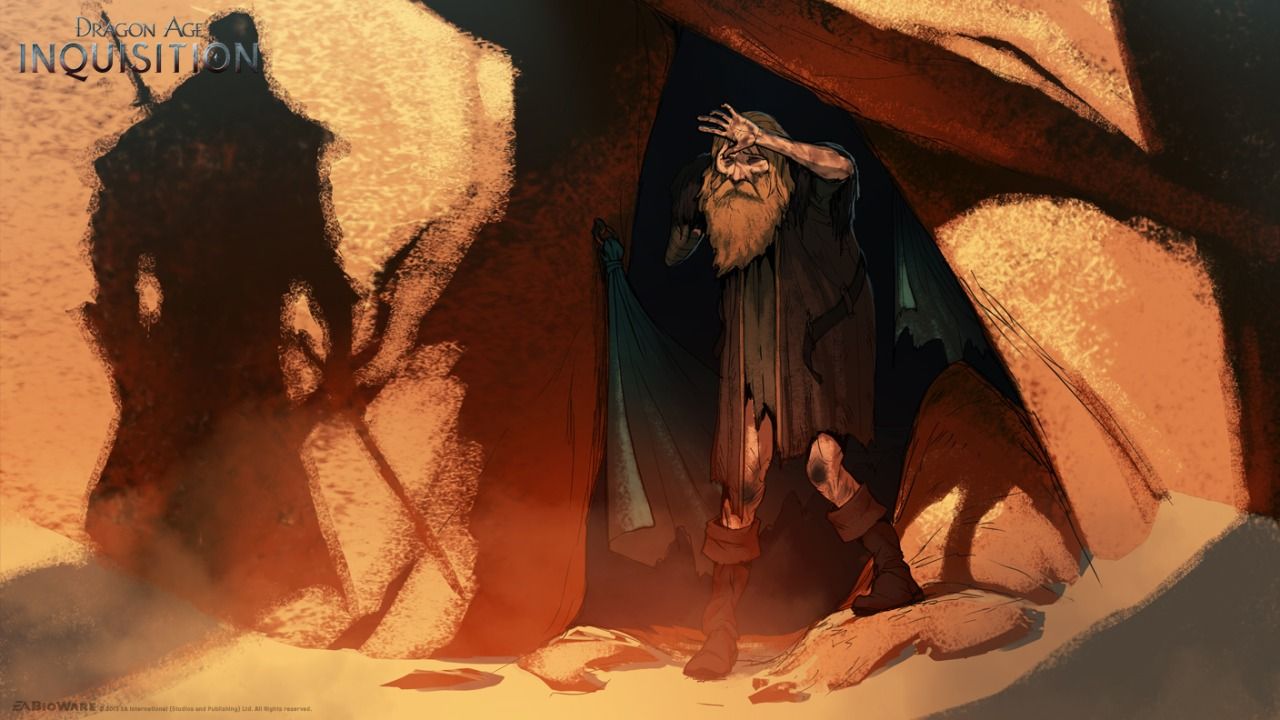 Concept art for Dragon Age: Inquisition. It shows a dishevelled man with one arm, wearing tattered robes. He is leaving a cave, shielding his eyes from the sun. We can see the shadow of a menacing soldier who has been sent to apprehend him