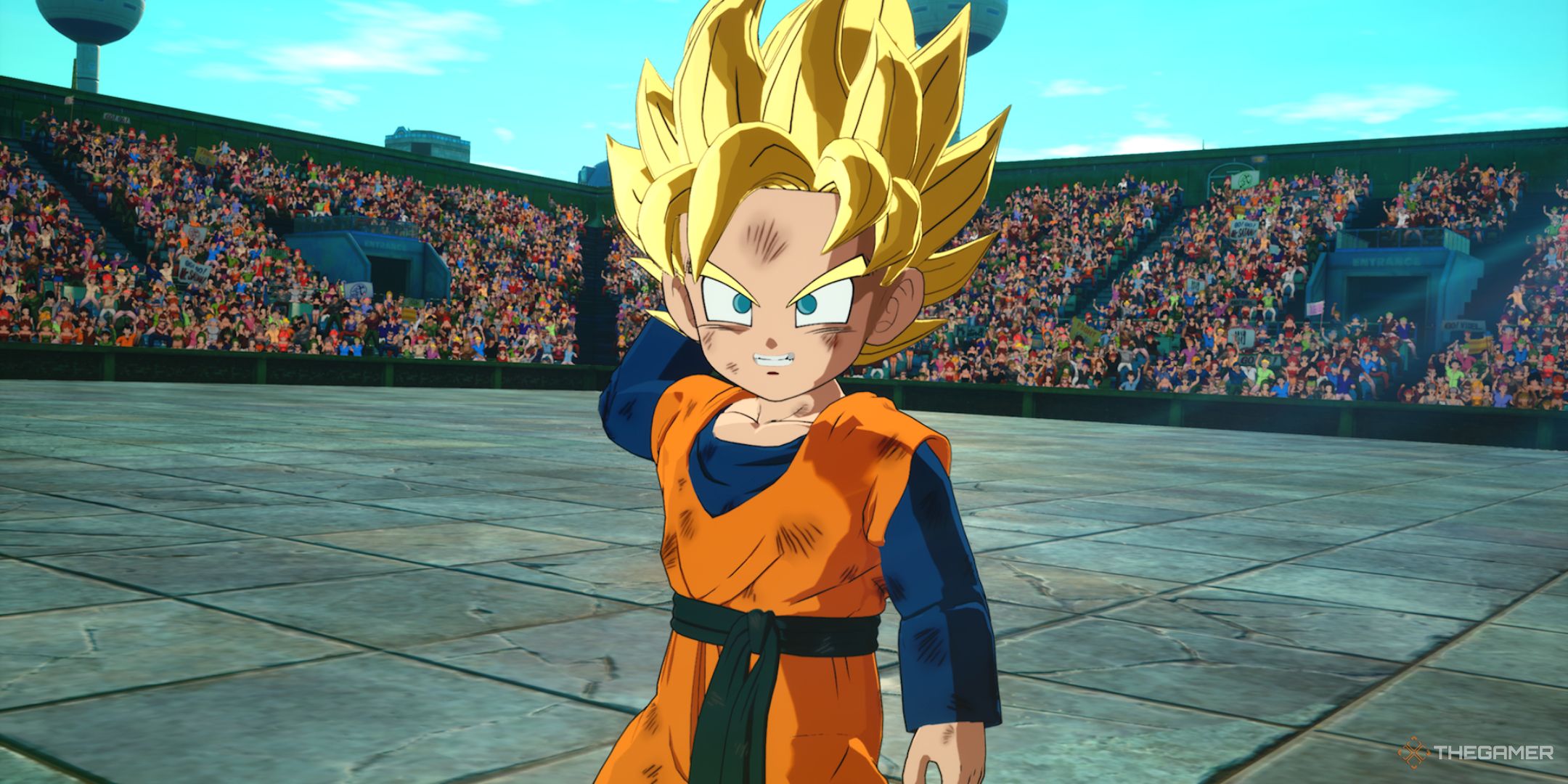 Dragon Ball Sparking! Zero screenshot of Super Saiyan Goten with his hand on his head after winning a fight in the world tournament arena.