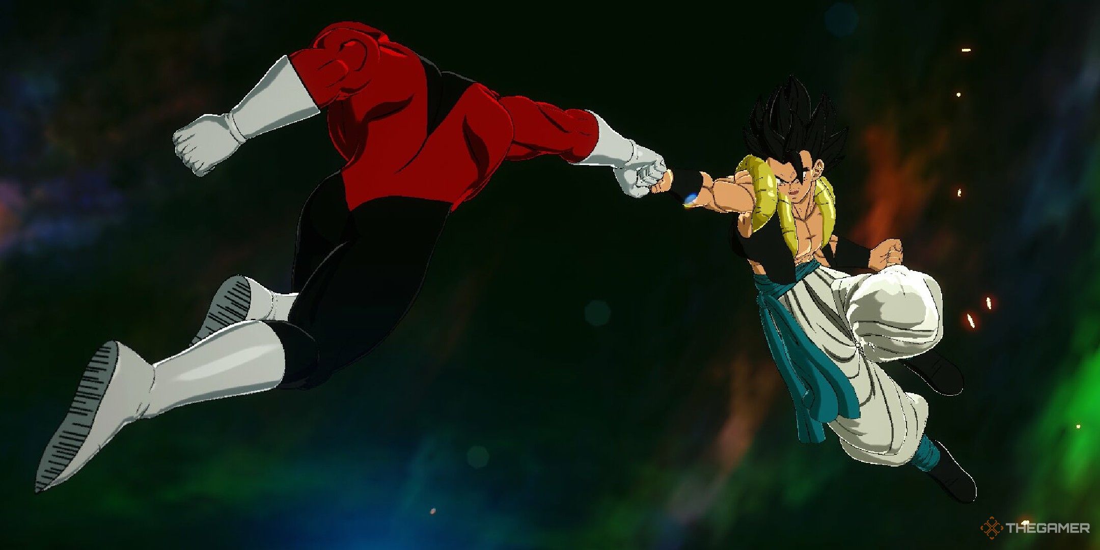 Dragon Ball Sparking Zero image showing Gogeta and Jiren clashing.