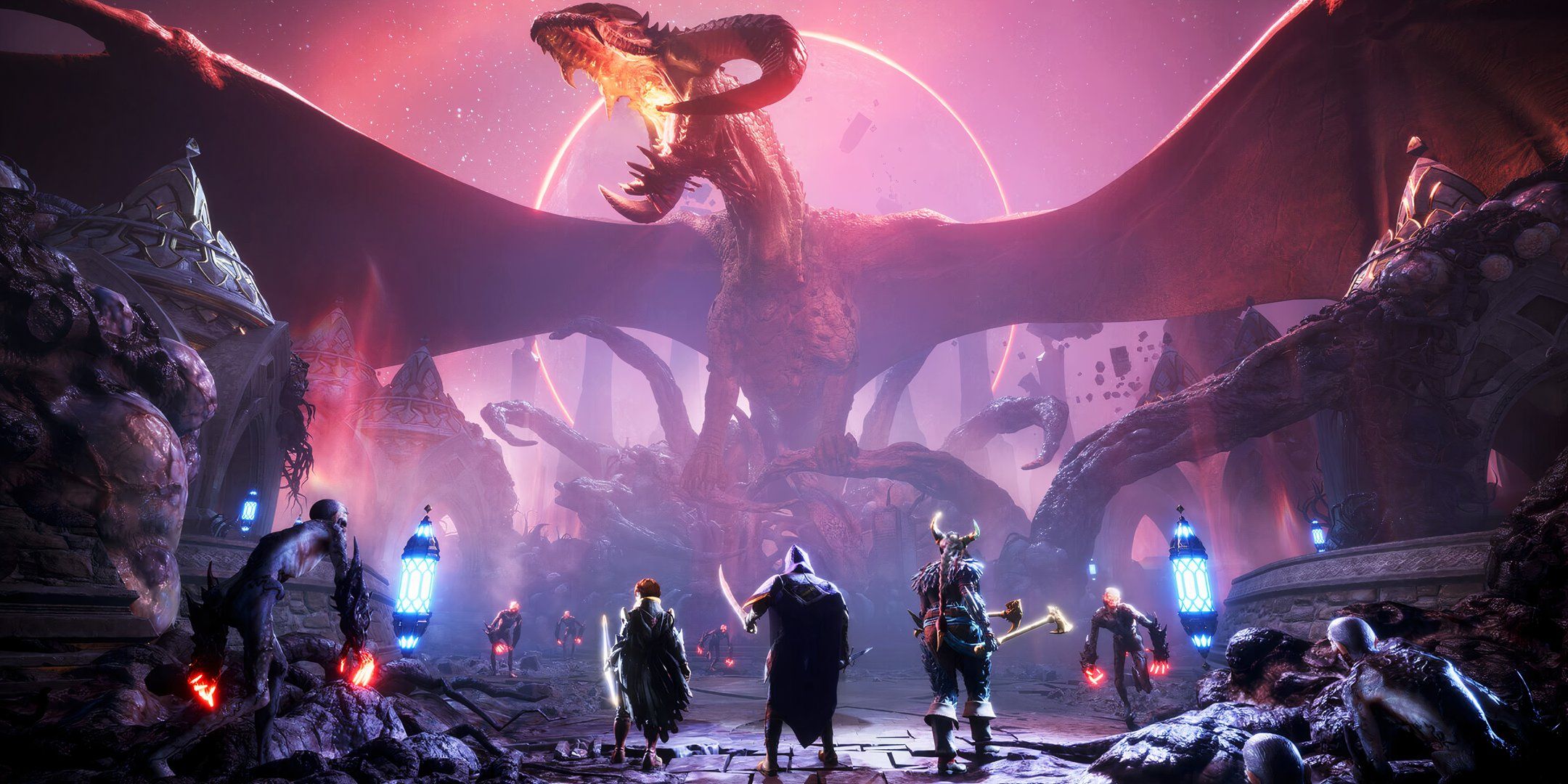 Four party members face up against a dragon in The Veilguard. 