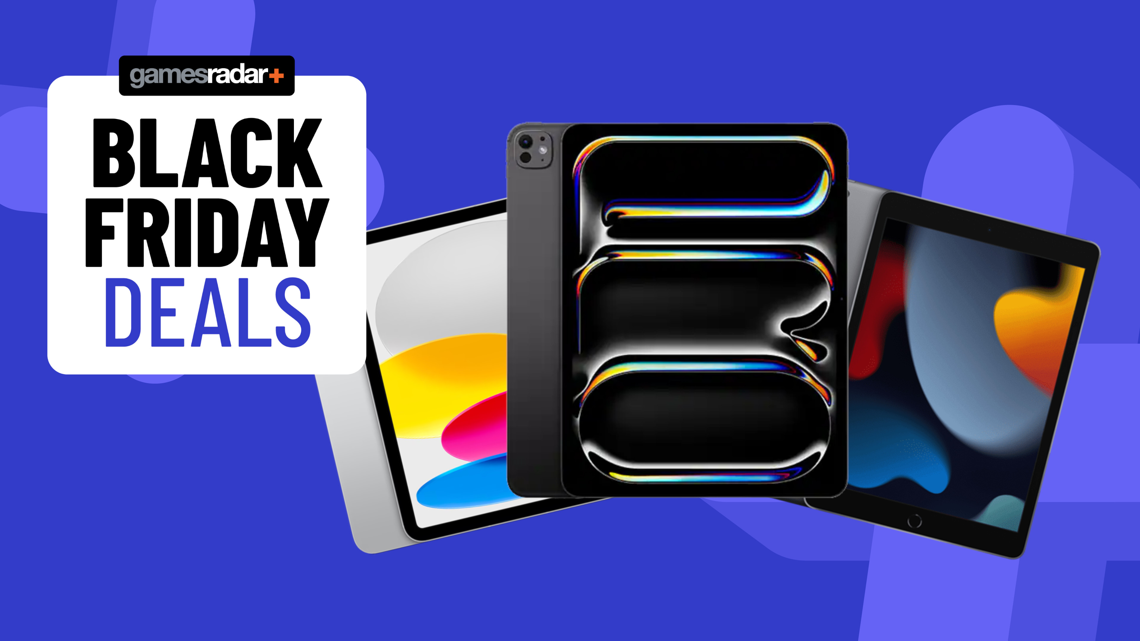 iPad Pro, 9th Gen, and 10th Gen models on a blue background with Black Friday deals badge