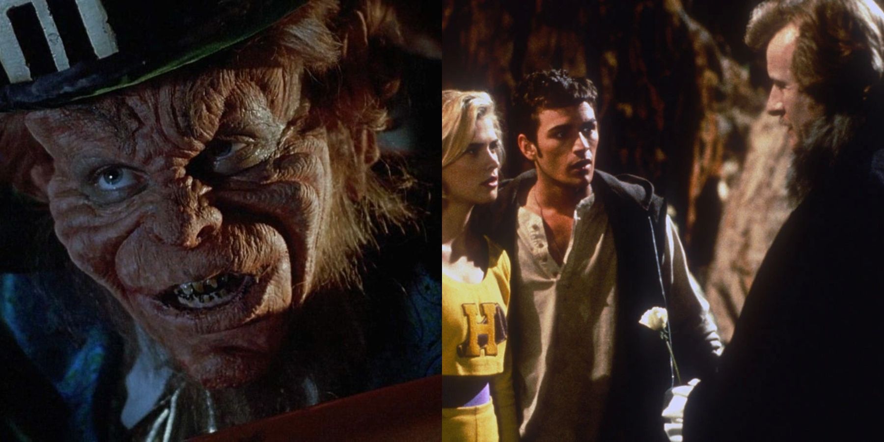 Split image of Leprechaun and Buffy, Pike and Lothos in Buffy The Vampire Slayer