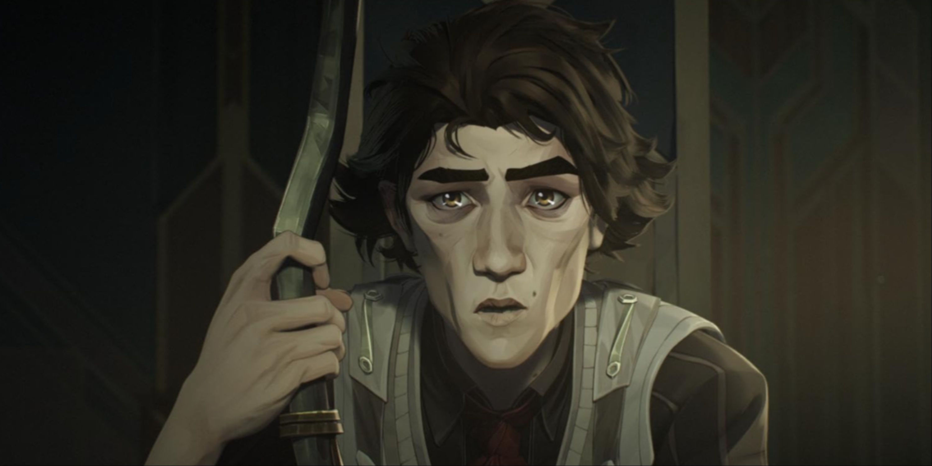 A close-up of the character Viktor in the Netflix series Arcane, holding onto a staff.