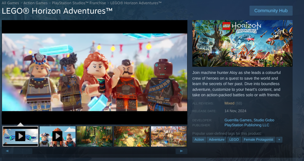 Lego Horizon Adventures sitting at "Mixed" reviews on Steam.