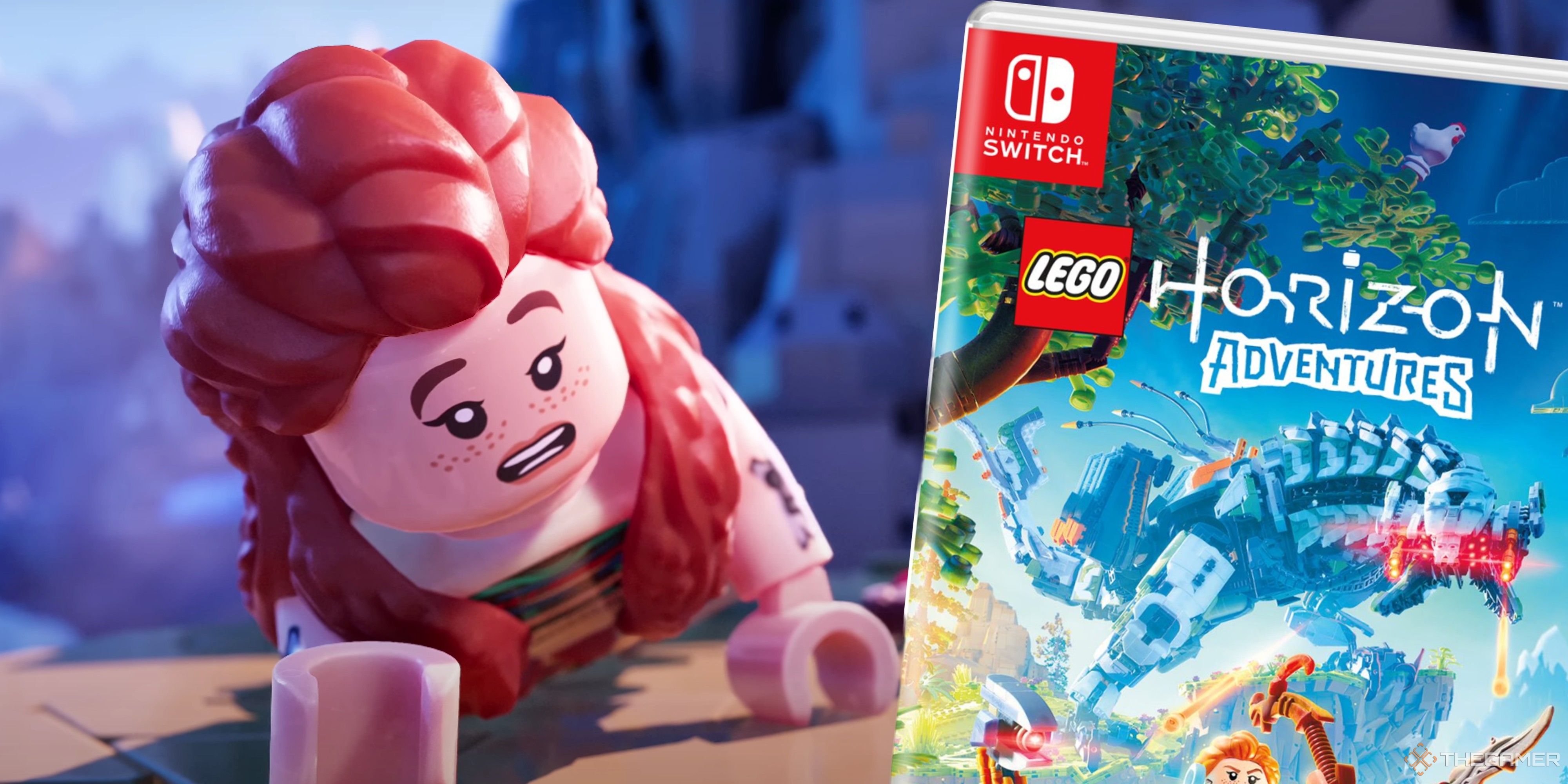 aloy looking at a nintendo switch copy of lego horizon adventures