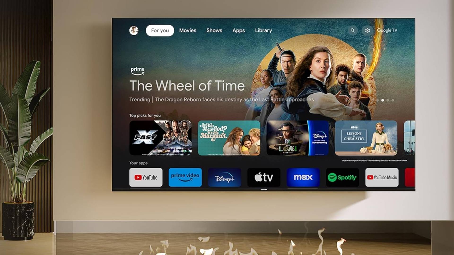 Hisense U76N mounted on wall with Amazon Prime listing for The Wheel of Time displayed