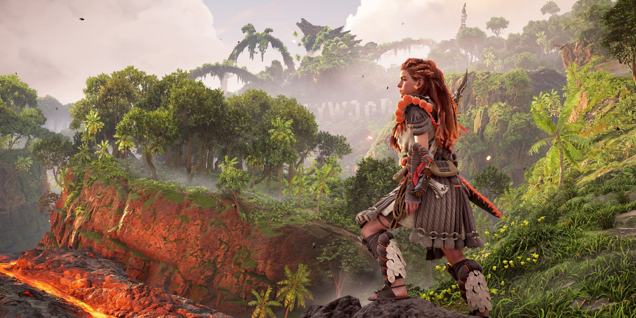 Aloy from Horizon Forbidden West exploring a jungle containing a ruined Hollywood sign.