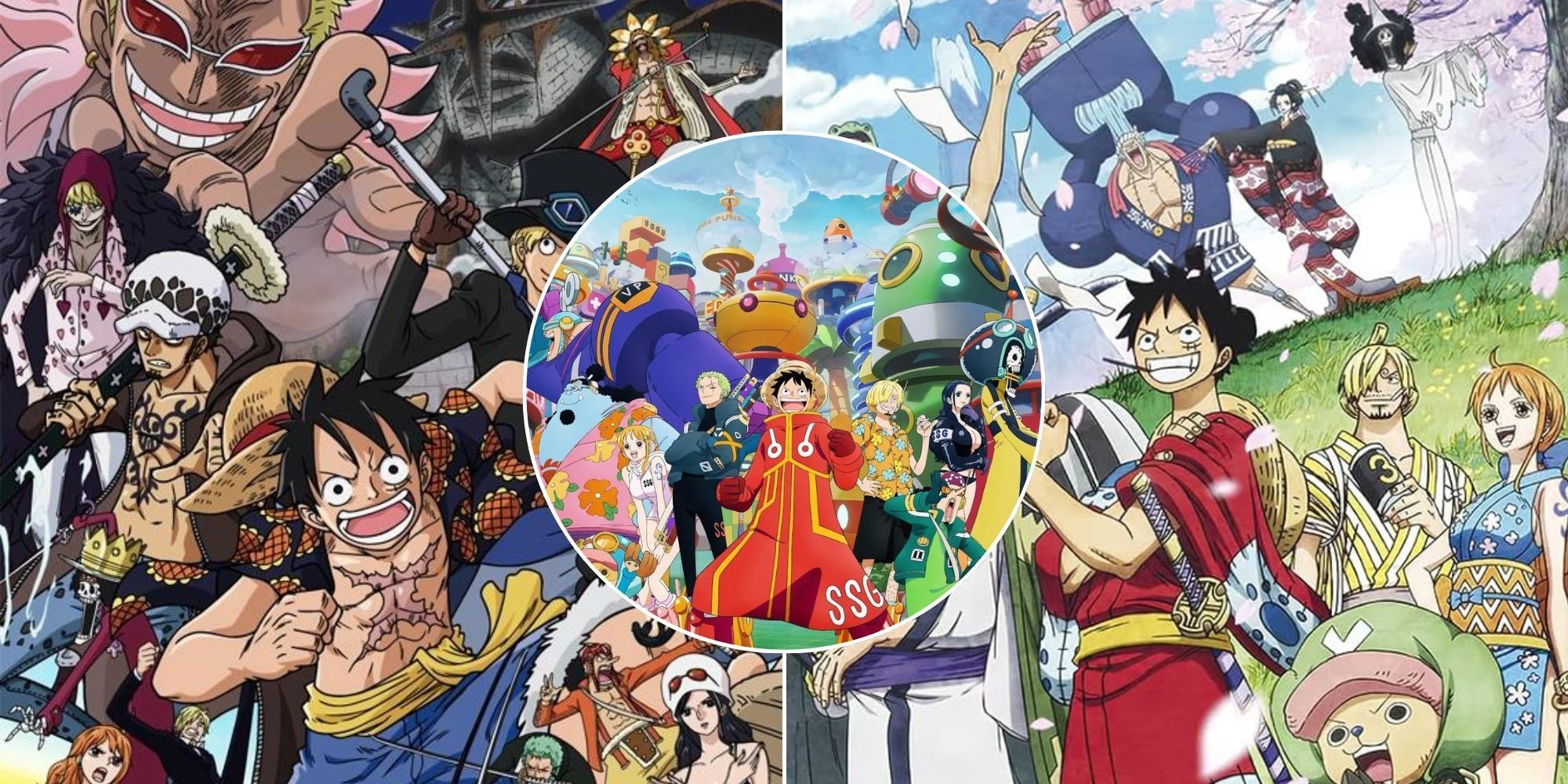 A collage featuring several long arcs of the One Piece anime: Dressrosa, Egghead and Wano.