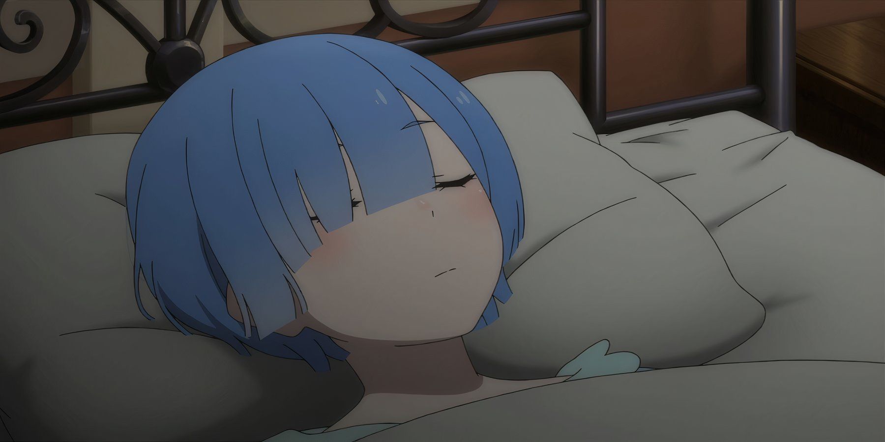 Rem sleeping in a bed in Re:Zero