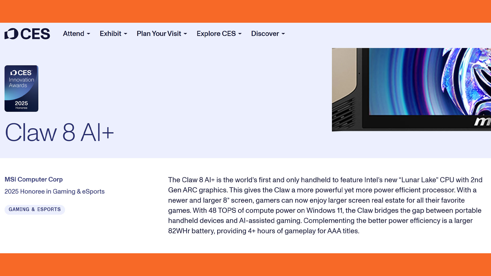msi claw 8 ai plus ces 2025 innovation award
