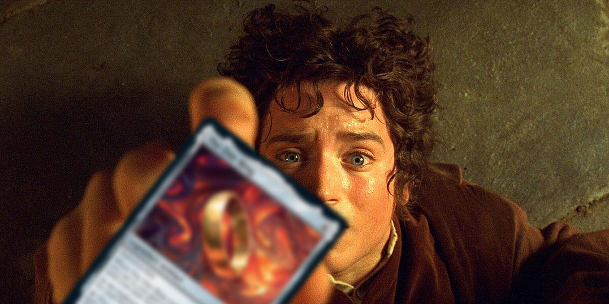 Frodo grabbing at Magic: The Gathering's The One Ring card from The Lord of the Rings