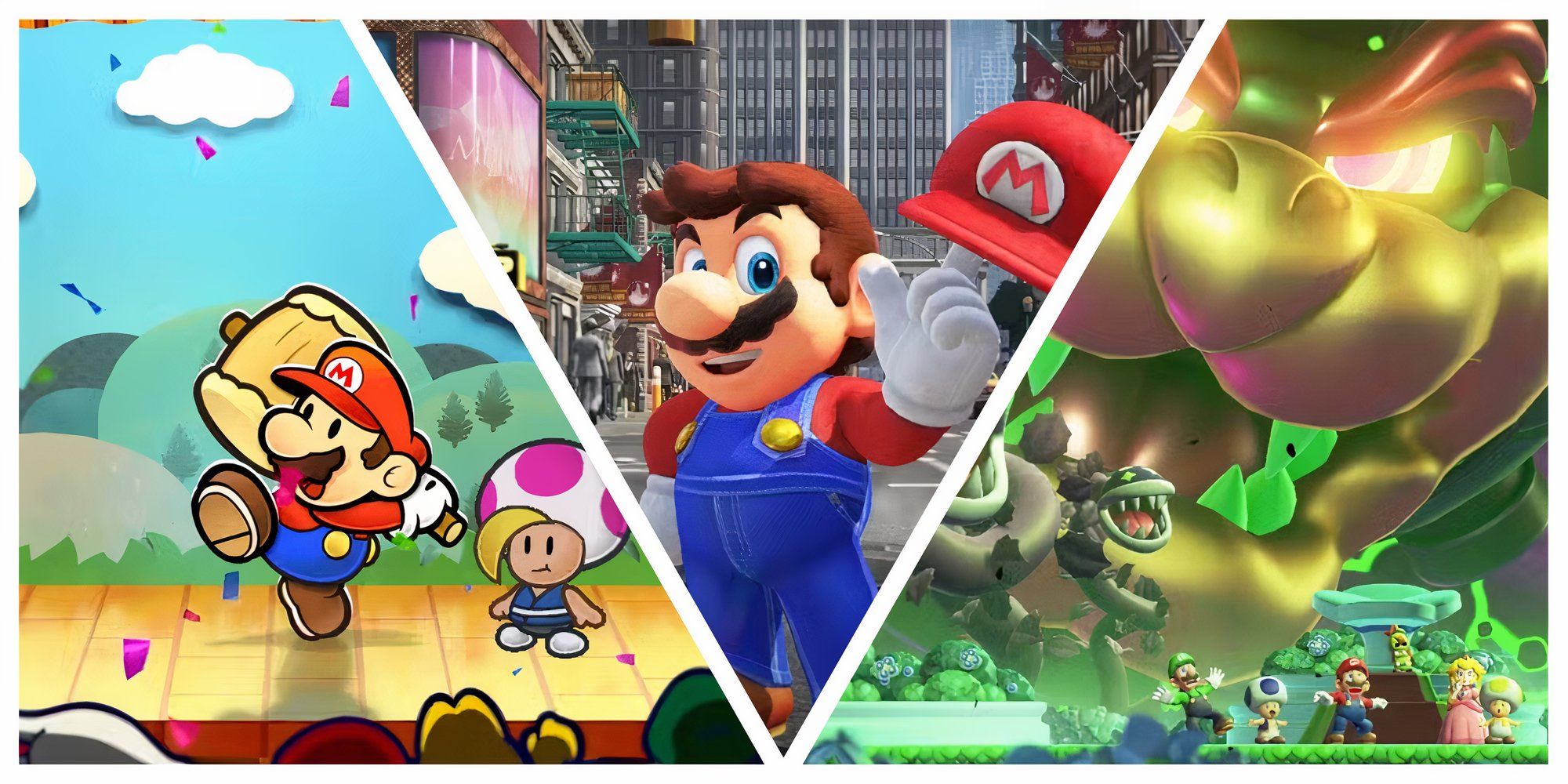 Paper Mario with hammer, Mario with hat and Super Mario Wonder's bowser castle and characters.