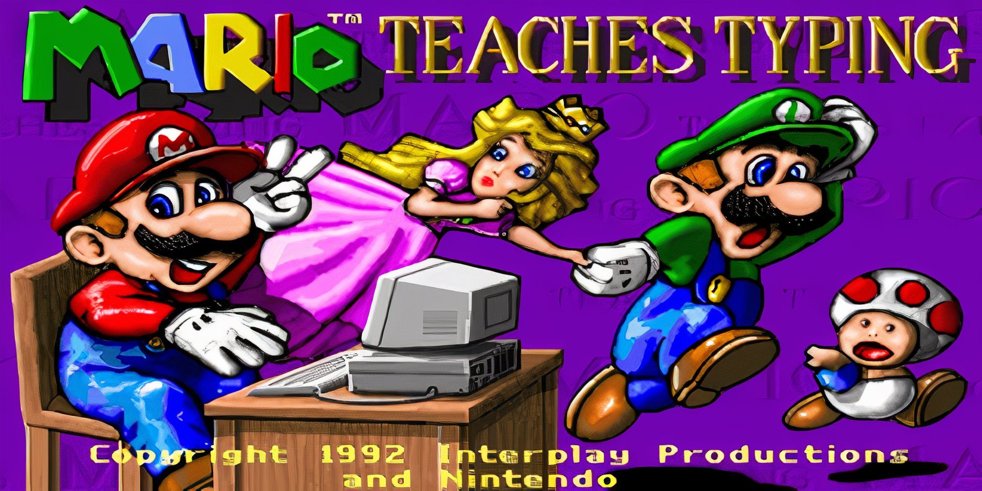 Mario typing on computer, Luigi holding Peaches hand and running while toad runs.