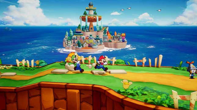 Mario and Luigi run across a grassy hill with the ocean and an island in the background.