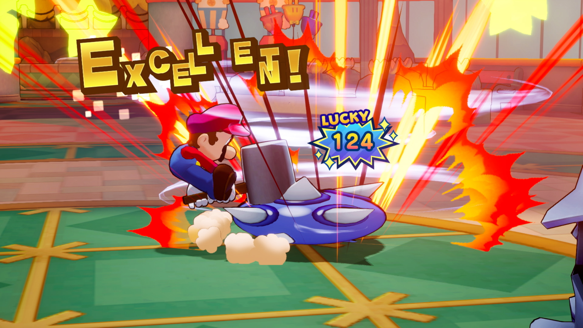 Mario squashes an enemy in Mario & Luigi: Brothership with a hammer