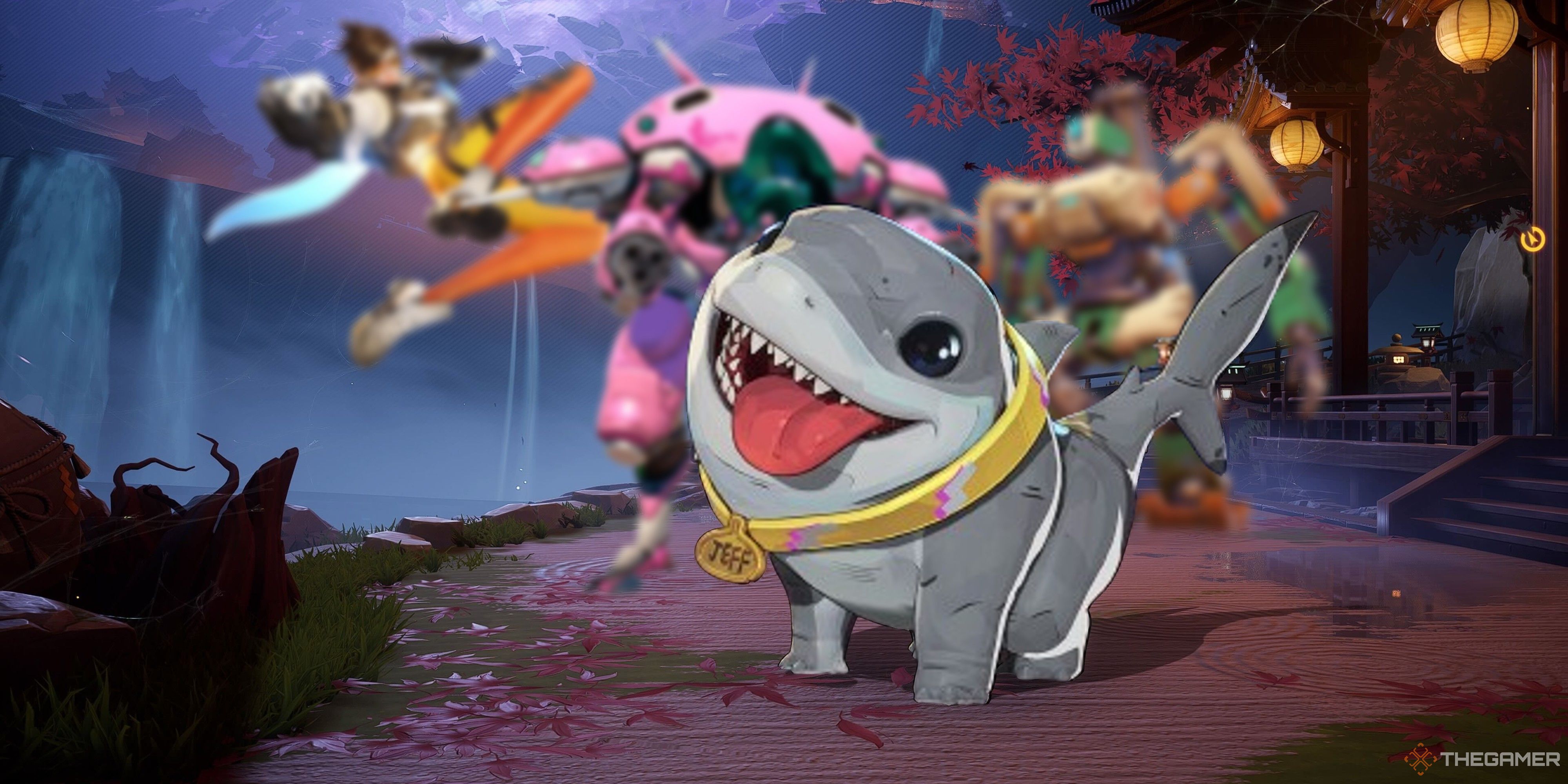 jeff the land shark from marvel rivals with overwatch heroes standing behind him