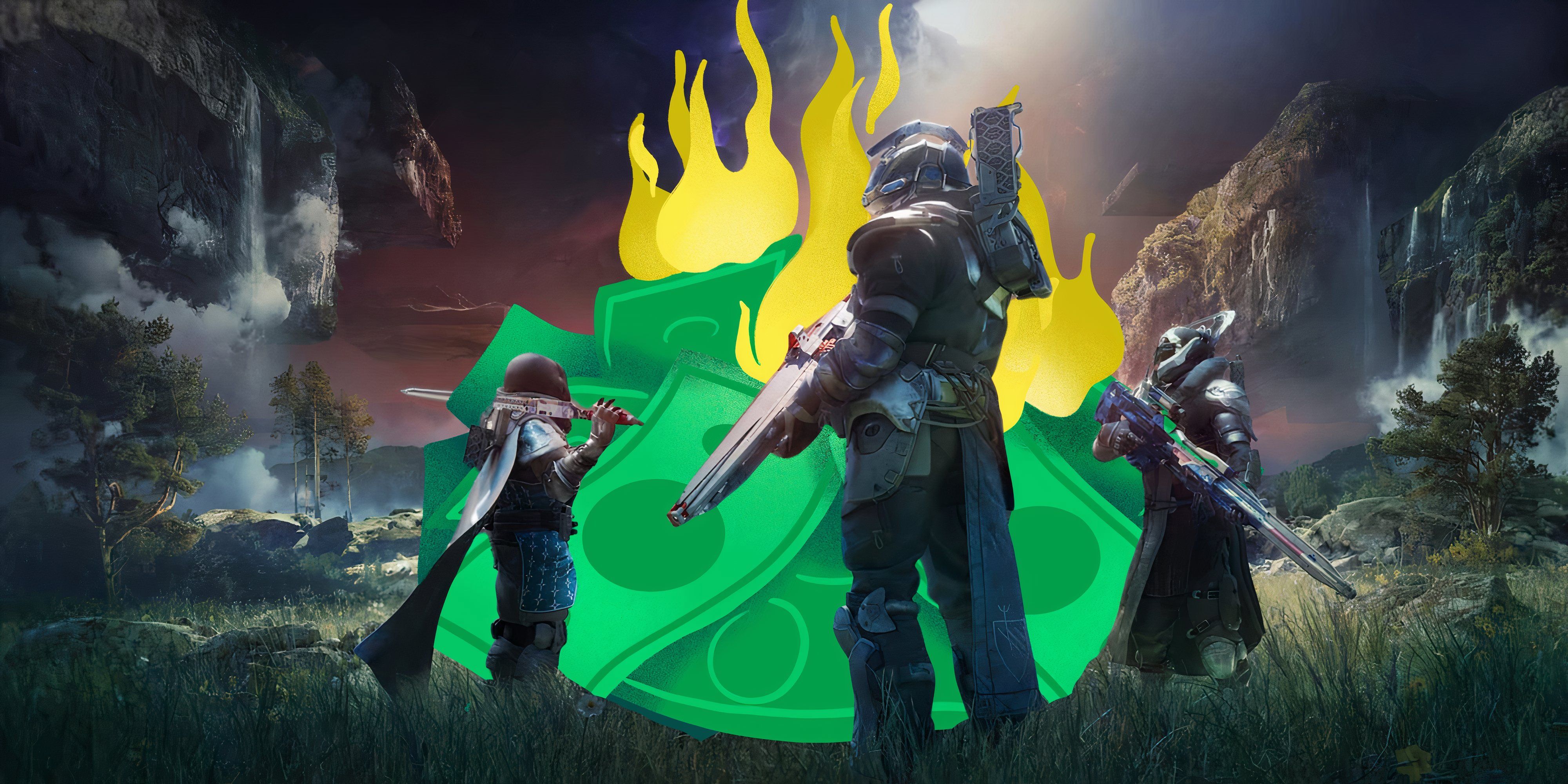 Destiny 2 characters in front of a flaming pile of money