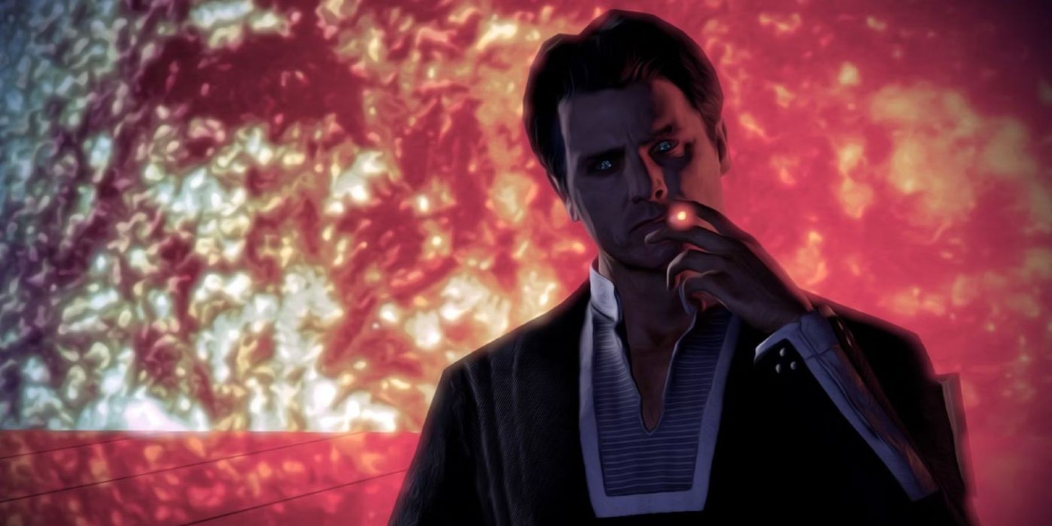 the Illusive Man takes a drag from a cigar during a conversation in Mass Effect.