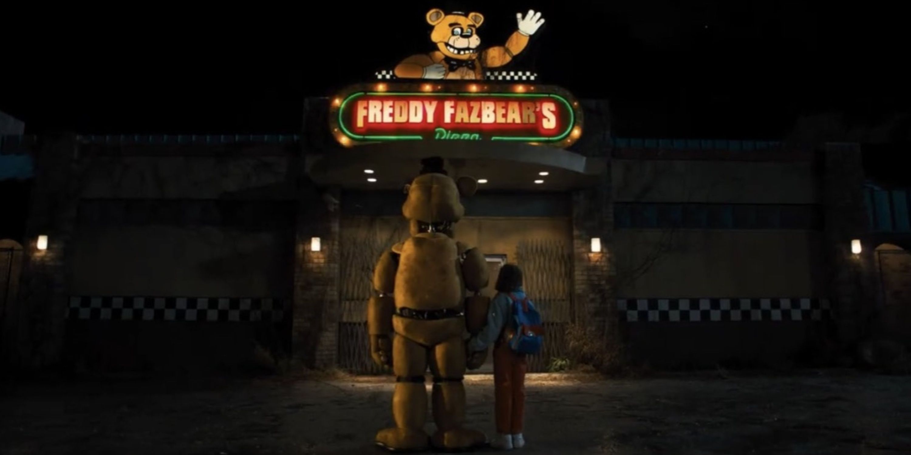 abby and golden freddy outside the pizzeria