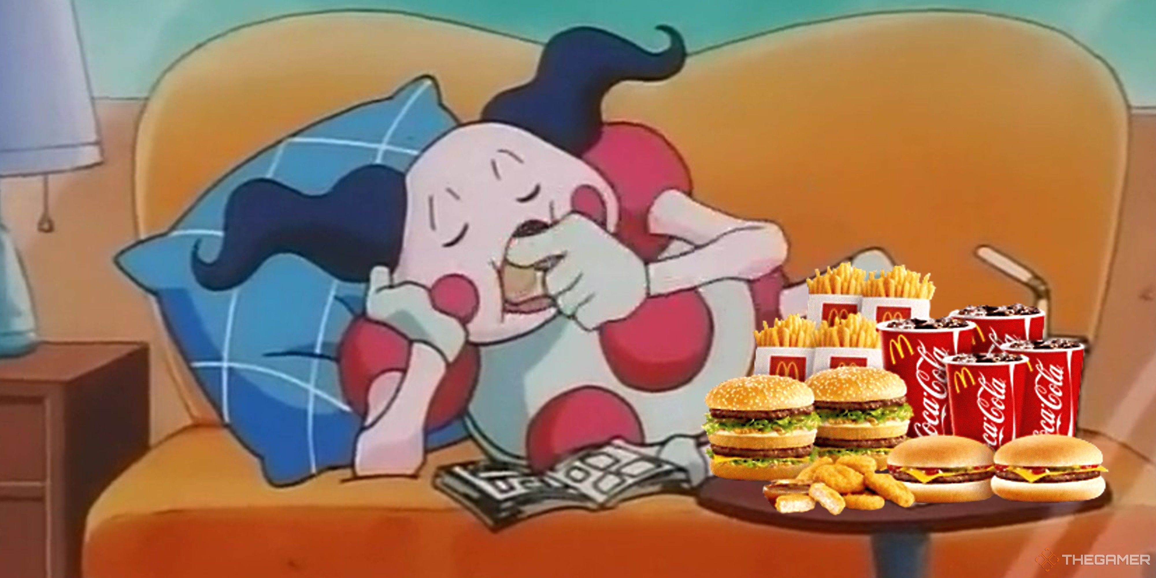 mr mime eating from a table full of mcdonald's food.