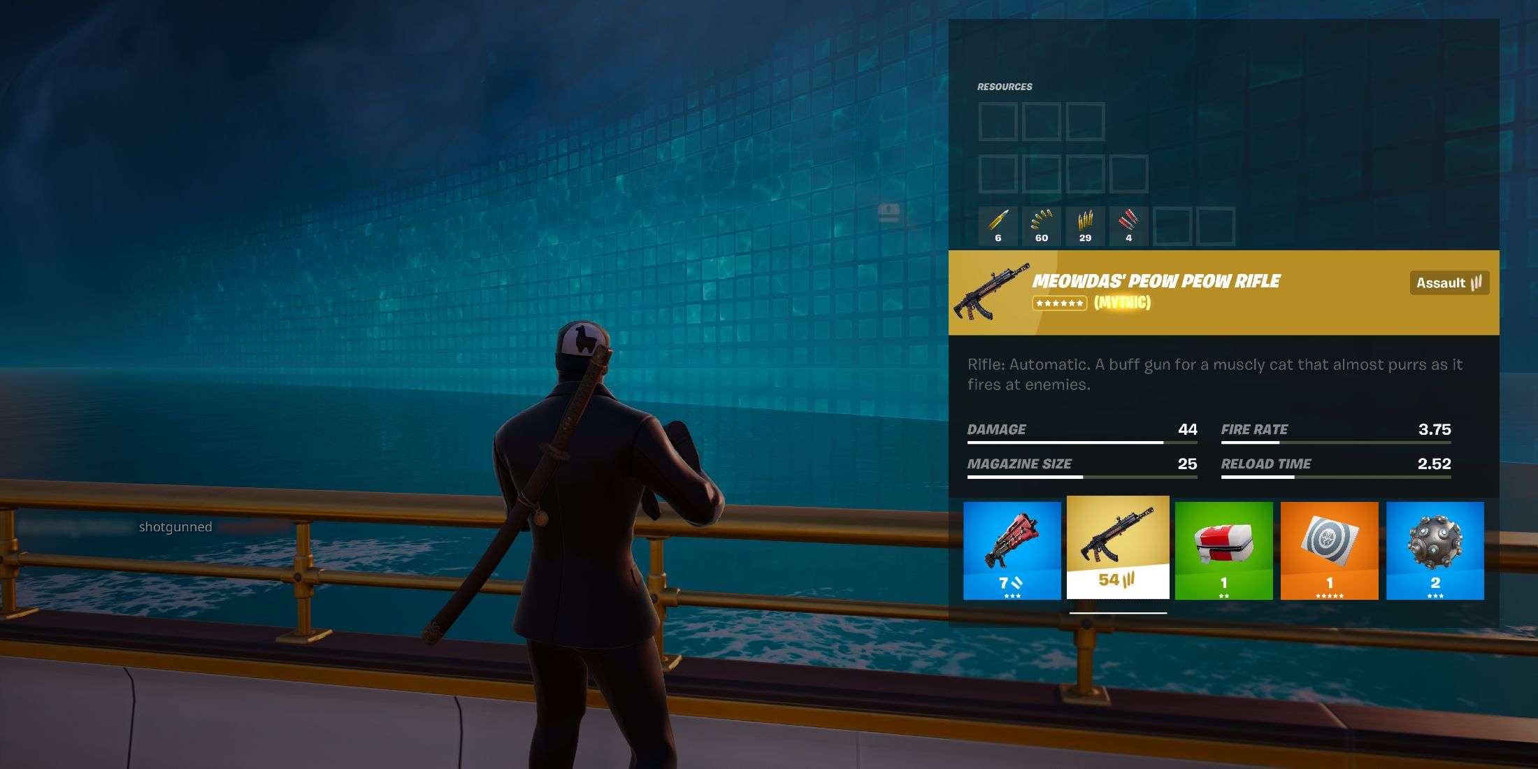 Screenshot showcasing Meowdas' Peow Peow Rifle Mythic Stats in Fortnite 