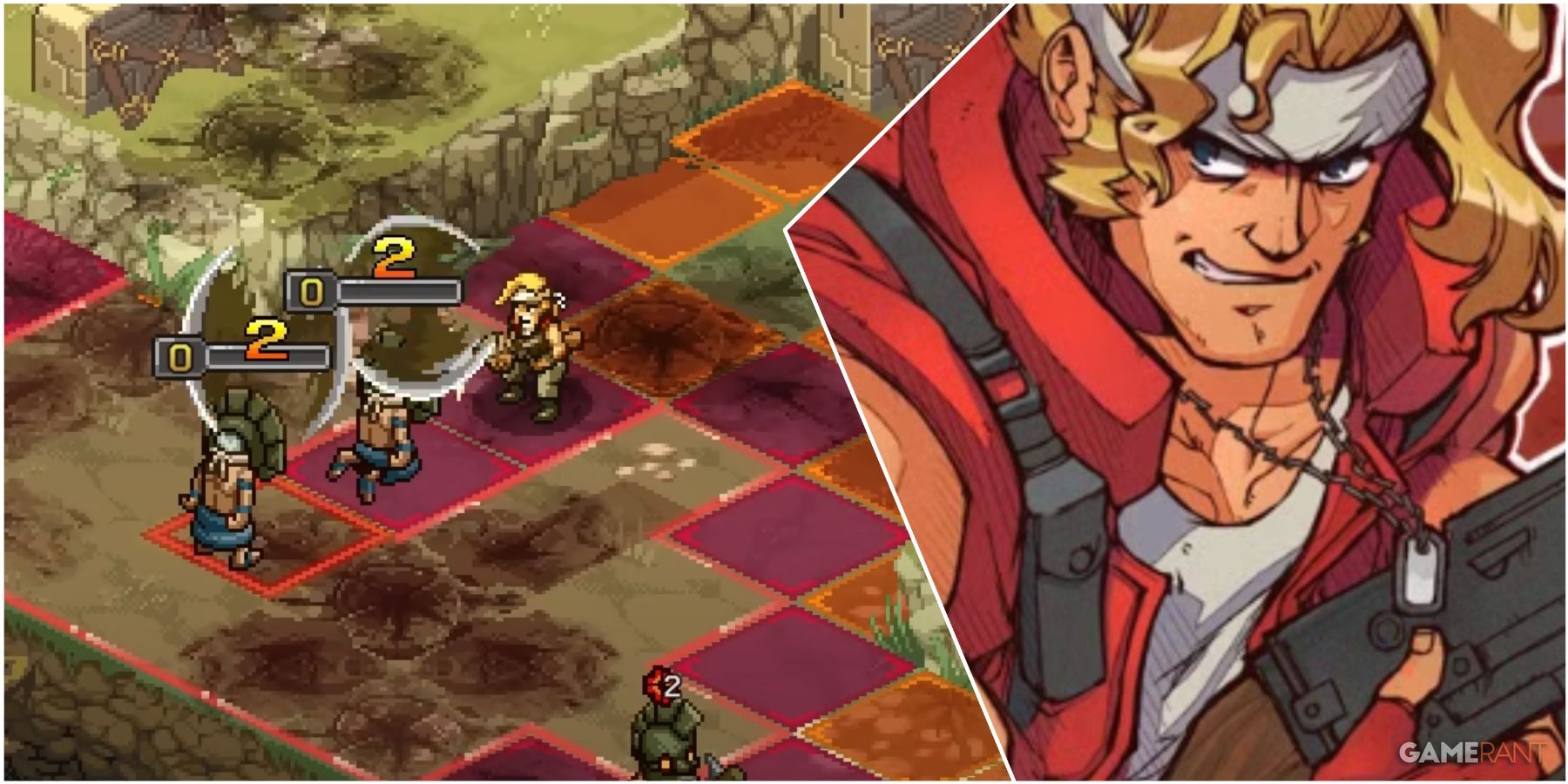 A Collage Of Key Art & A Key Frame Of Marco Rossi From Metal Slug Tactics